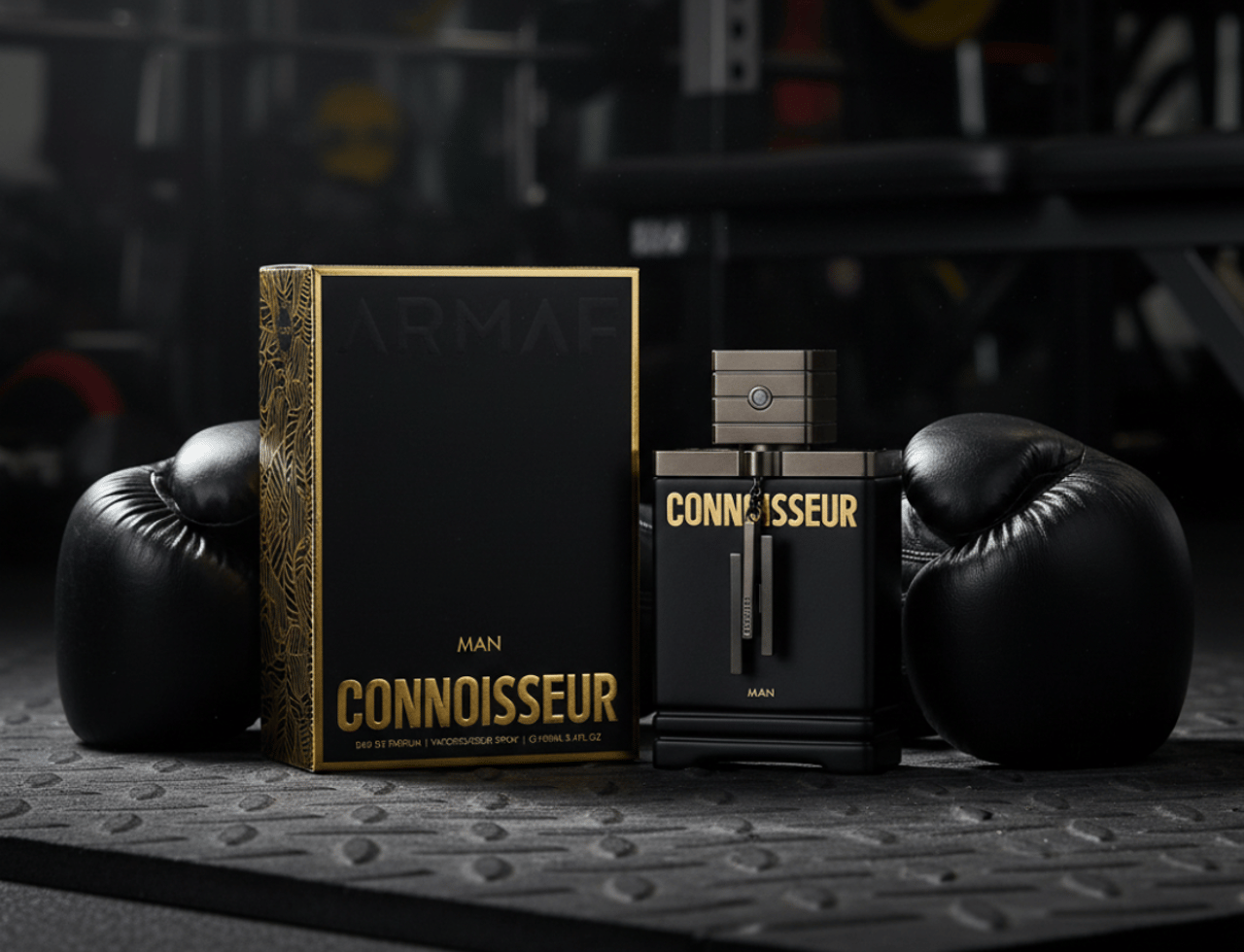 Armaf Connoisseur Man by Armaf 100ml EDP Men — Kotak wangian hitam bertekstur emas dan botol wangian hitam dengan sarung tangan tinju hitam di kedua-dua sisi di atas permukaan bertekstur