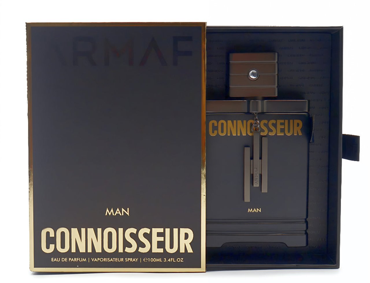 Armaf Connoisseur Man by Armaf 100ml EDP Men — Open box showing dark grey bottle with gold accents and text, gold trim on box