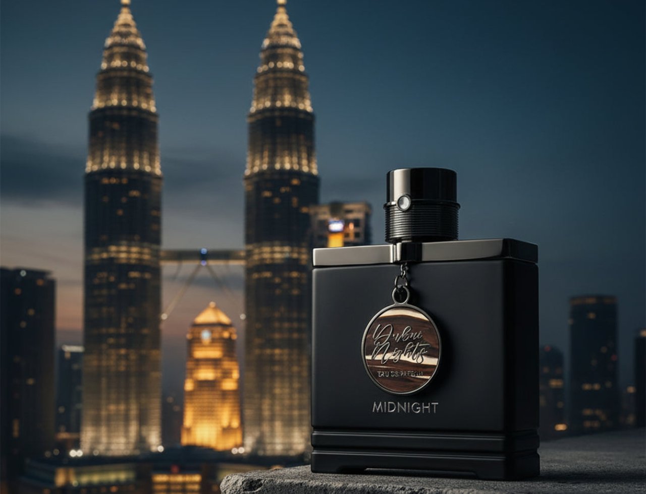 Armaf Dubai Nights Midnight — Botol wangian lelaki hitam legam dengan perincian emas, tergantung pada rantai, di latar depan bandar malam yang diterangi lampu menara berkembar.