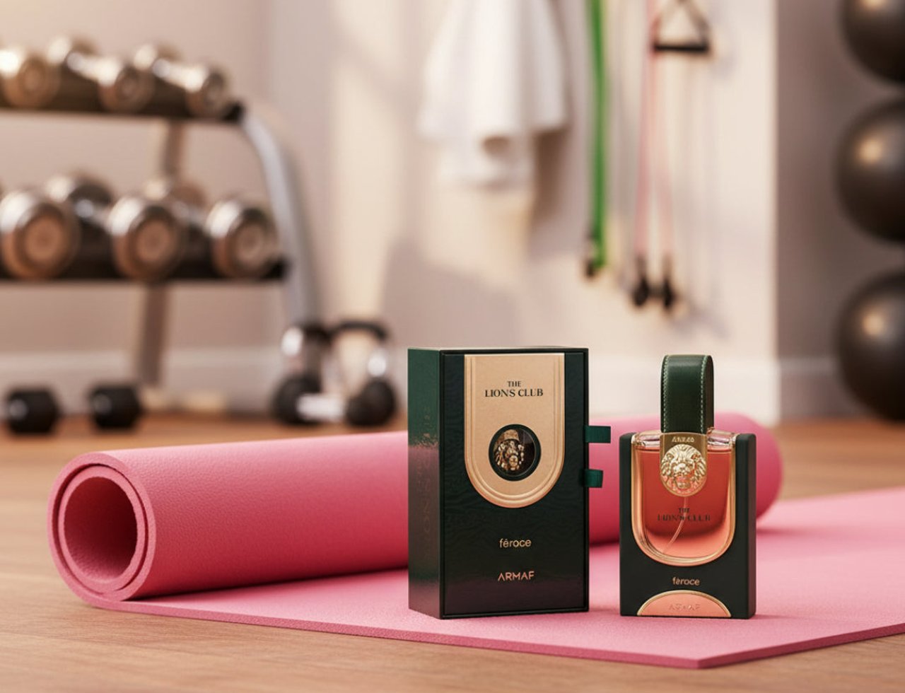 Armaf Feroce by Armaf 100ml EDP Women — Kotak dan botol wangian Feroce terletak di atas tikar yoga merah jambu, dengan rak dumbbell dan peralatan gim di latar belakang.