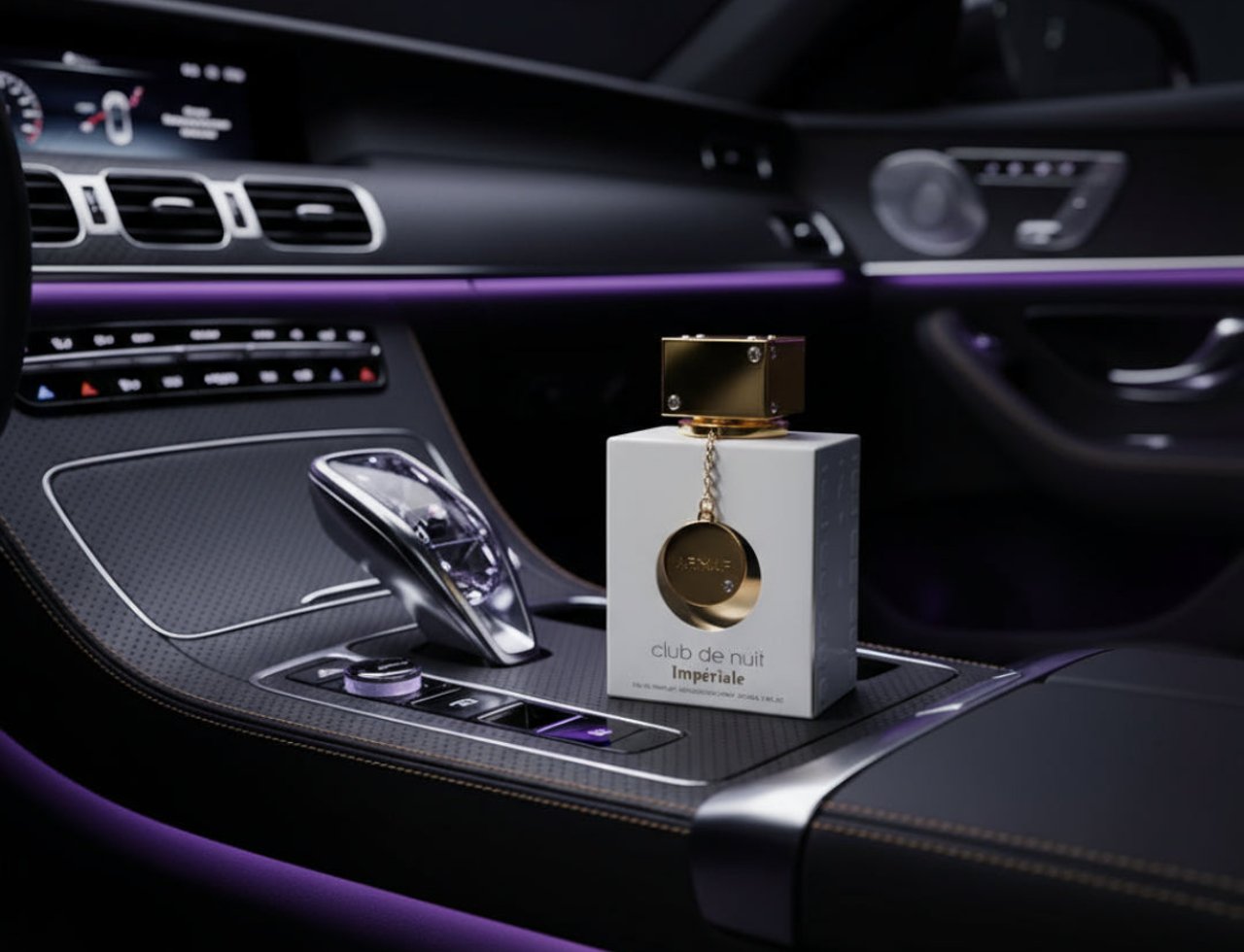 Armaf Imperiale Eau De Parfum Armaf 105ml — Botol wangian putih dengan penutup emas berkilau, diletakkan di konsol tengah kereta mewah dengan lampu ambien ungu