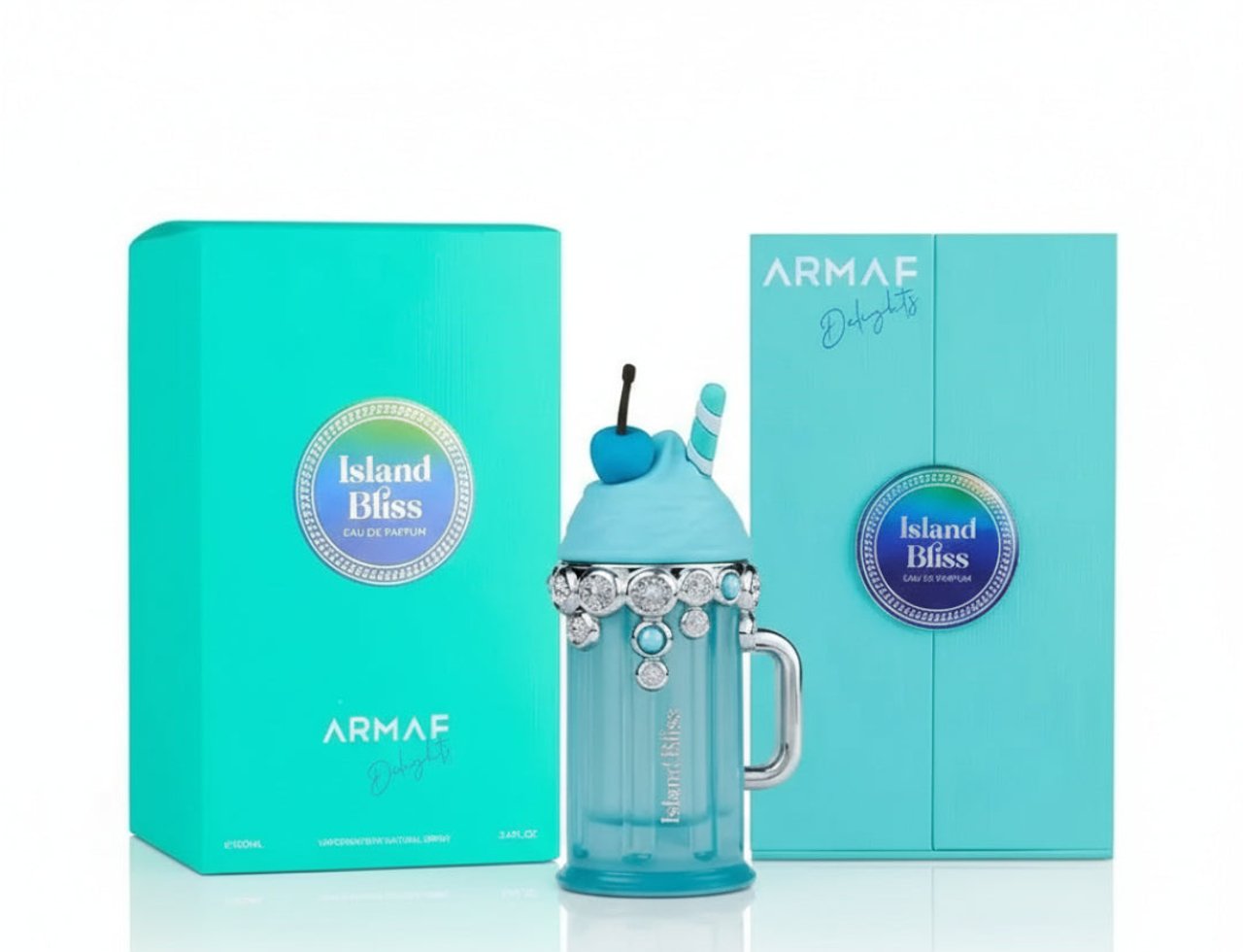 Armaf Island Bliss by Armaf 100ml EDP Women — Botol wangian biru berbentuk gelas aiskrim dengan perincian kristal dan penutup berbentuk aiskrim, disertakan dengan kotak biru terang.