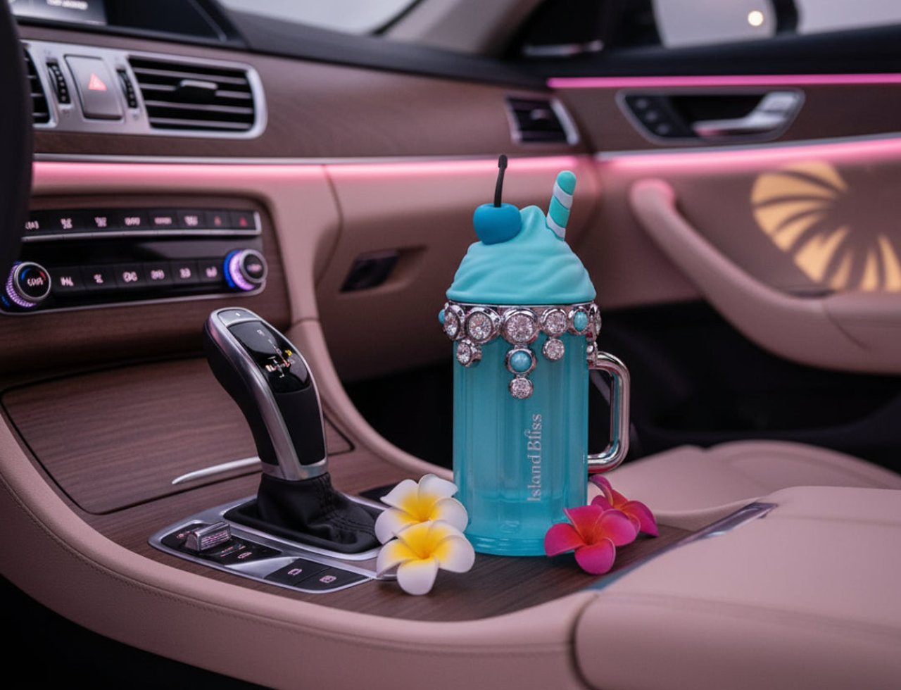 Armaf Island Bliss — Blue sparkly cup with cherry on top, inside a car's center console with ambient lighting