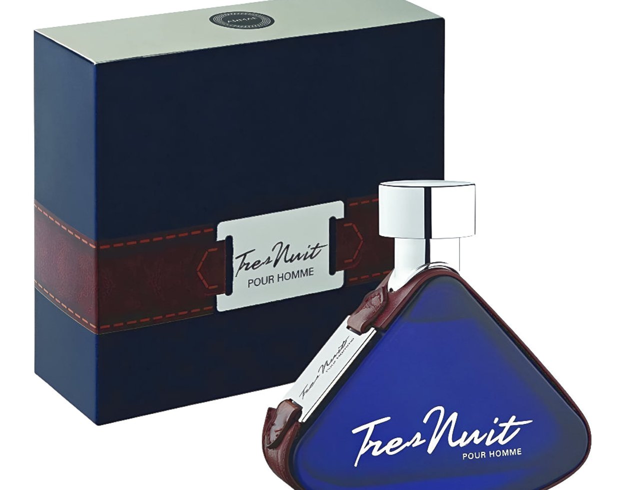 Armaf Tres Nuit by Armaf 100ml EDP Men — Blue triangular bottle with leather accents next to its navy blue box with a silver