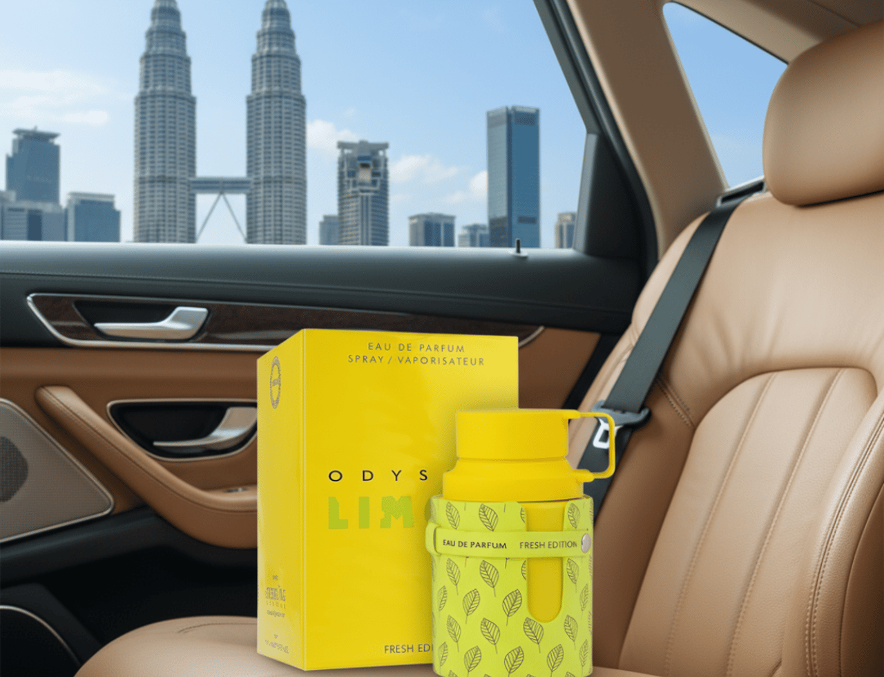 Armaf Odyssey Limoni Fresh 100ml EDP Men — Yellow box and bottle with leaf pattern on car seat, city skyline background