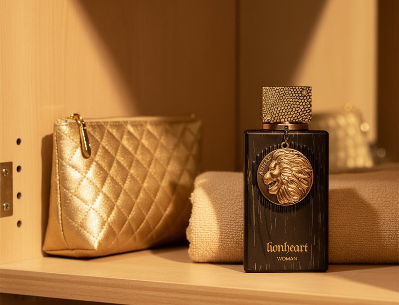 Armaf Club De Nuit Lionheart — Black perfume bottle with gold lion emblem, gold pouch, and beige towels on a shelf.