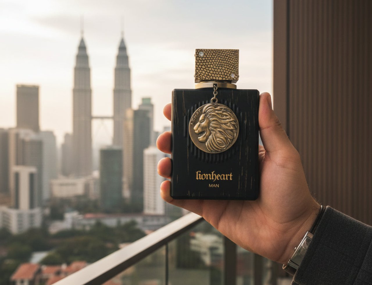 Armaf Club De Nuit Lionheart — Hand holding black perfume bottle with gold lion emblem against city skyline at sunset