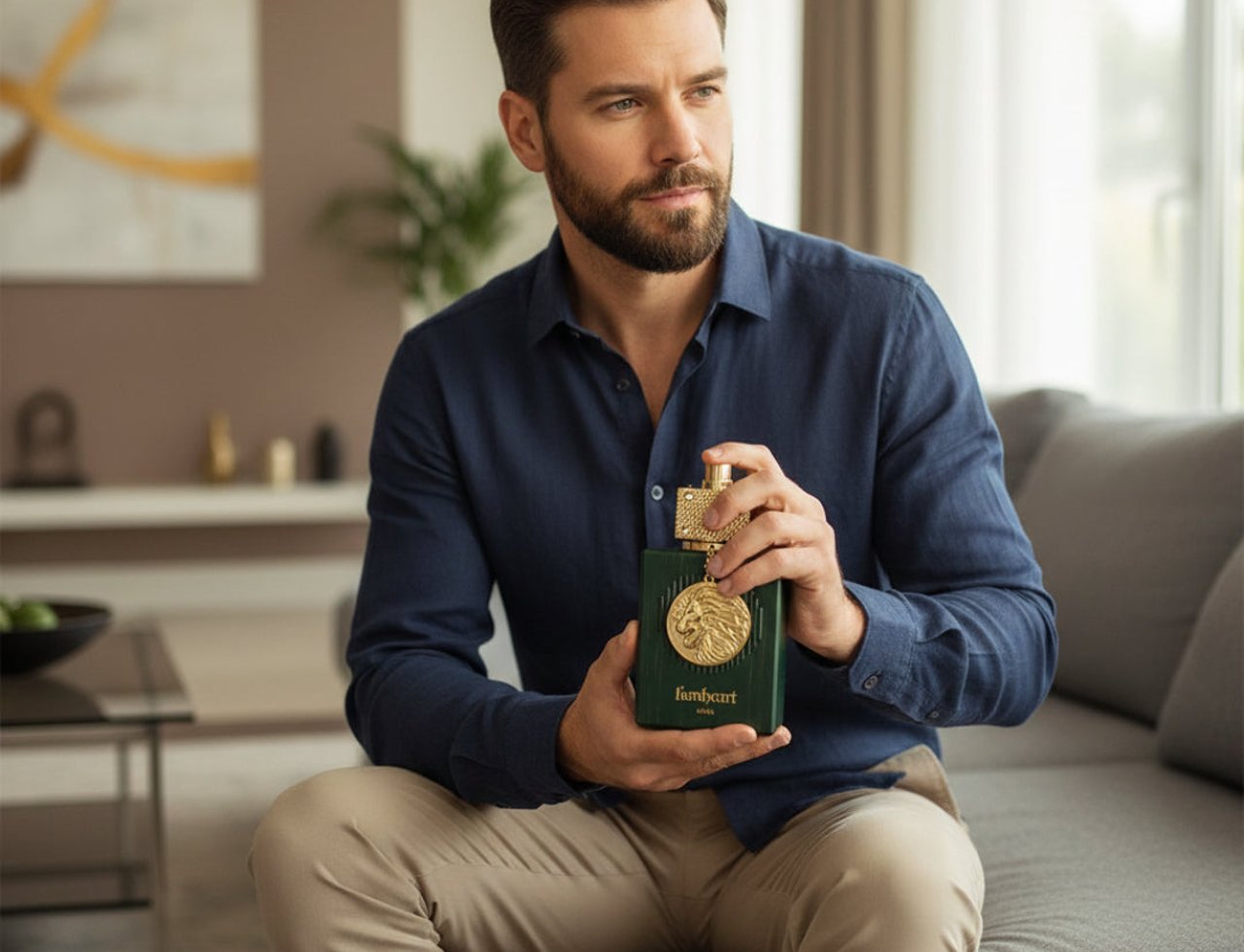 Armaf Club De Nuit Lionheart by Armaf 100ml EDP Men — Lelaki tampan memegang botol minyak wangi hijau gelap dengan penutup emas berukir singa, duduk di sofa di dalam rumah.