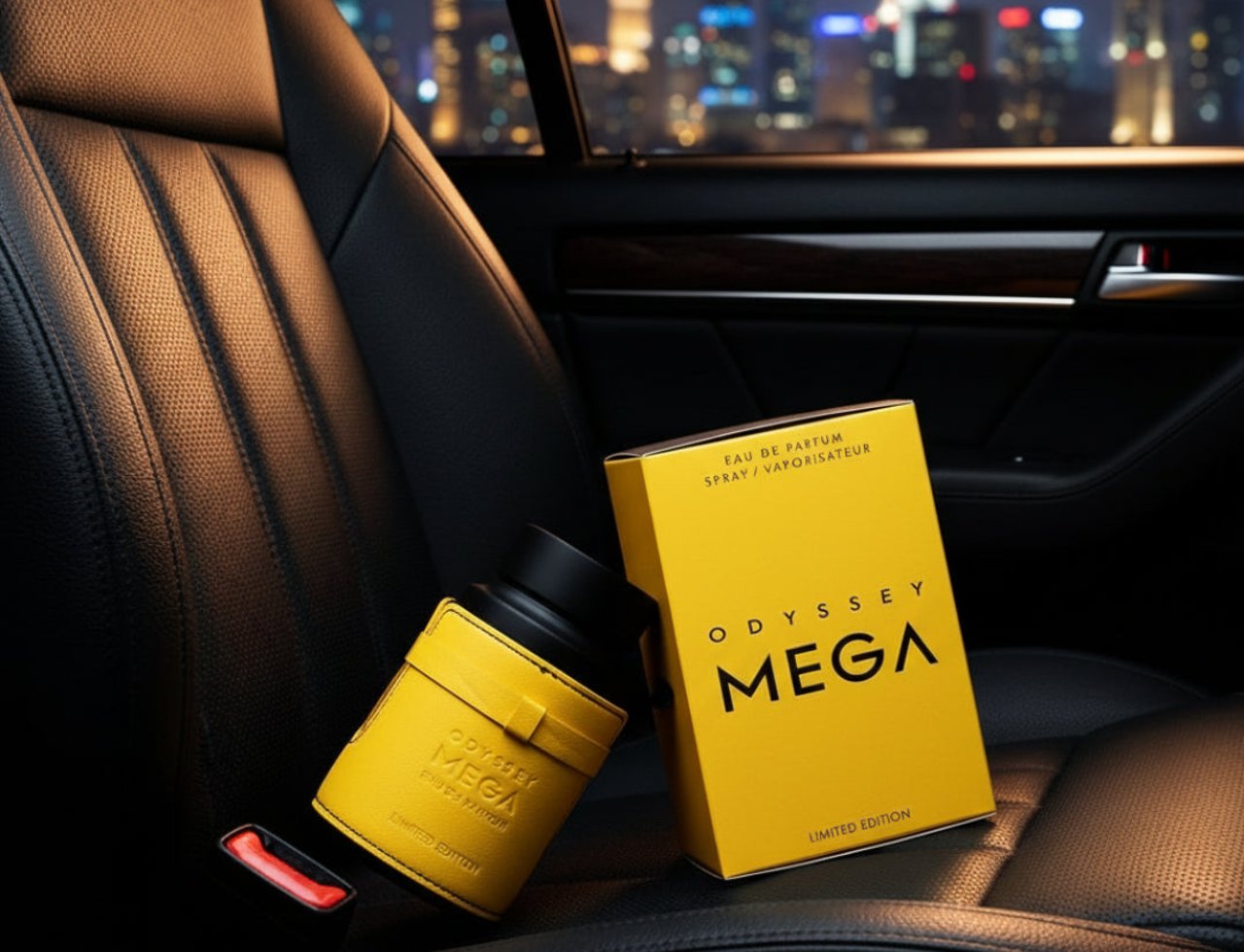 Armaf Odyssey Mega Man — Yellow perfume bottle and box on black leather car seat with city skyline at night