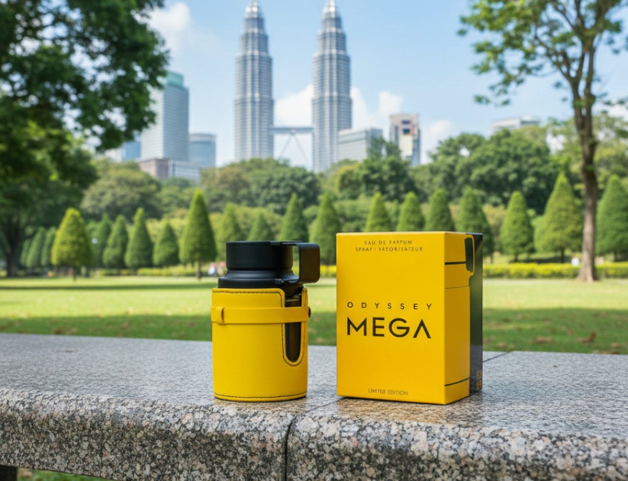 Armaf Odyssey Mega Man by Armaf 100ml EDP Men — Botol dan kotak wangian lelaki berwarna kuning terang diletakkan di atas bangku batu dengan latar belakang bandar KLCC yang samar