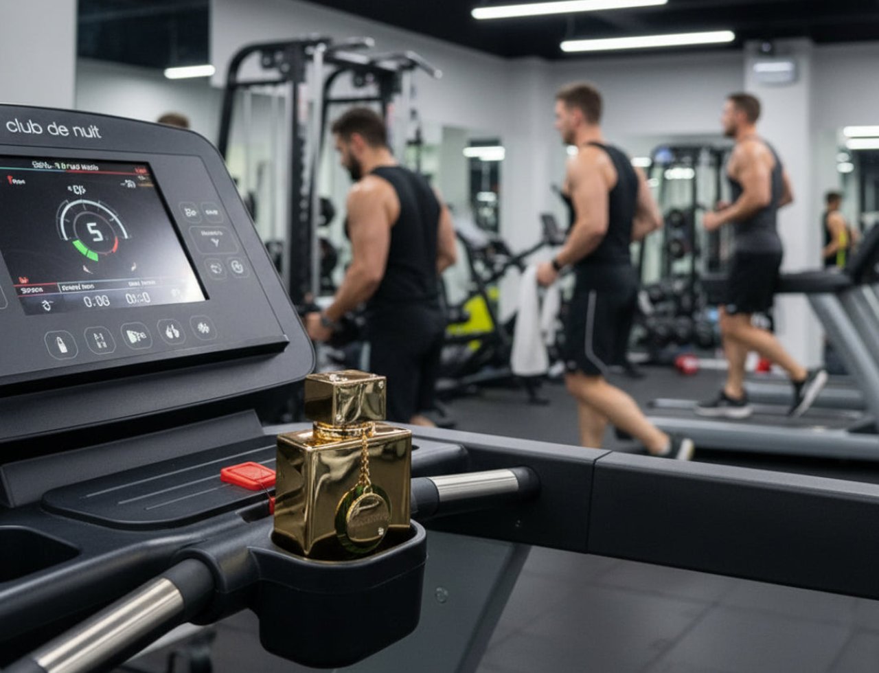 Armaf Club De Nuit Milestone 105ml EDP — Botol wangian emas berkilau diletakkan di tempat cawan treadmill gim, dengan tiga lelaki berlari di latar belakang.