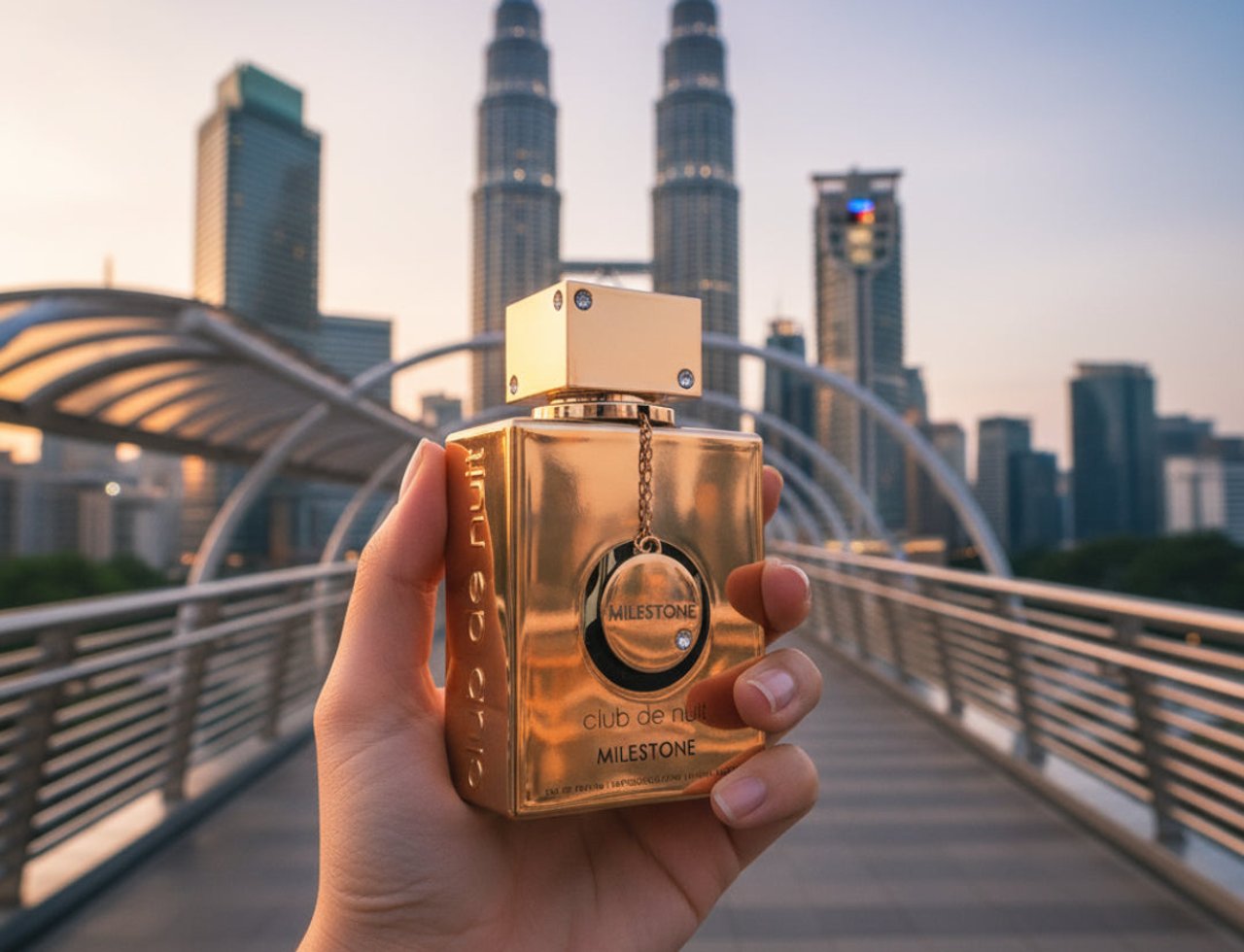 Armaf Club De Nuit Milestone — Hand holding gold perfume bottle with Petronas Towers and cityscape at sunset