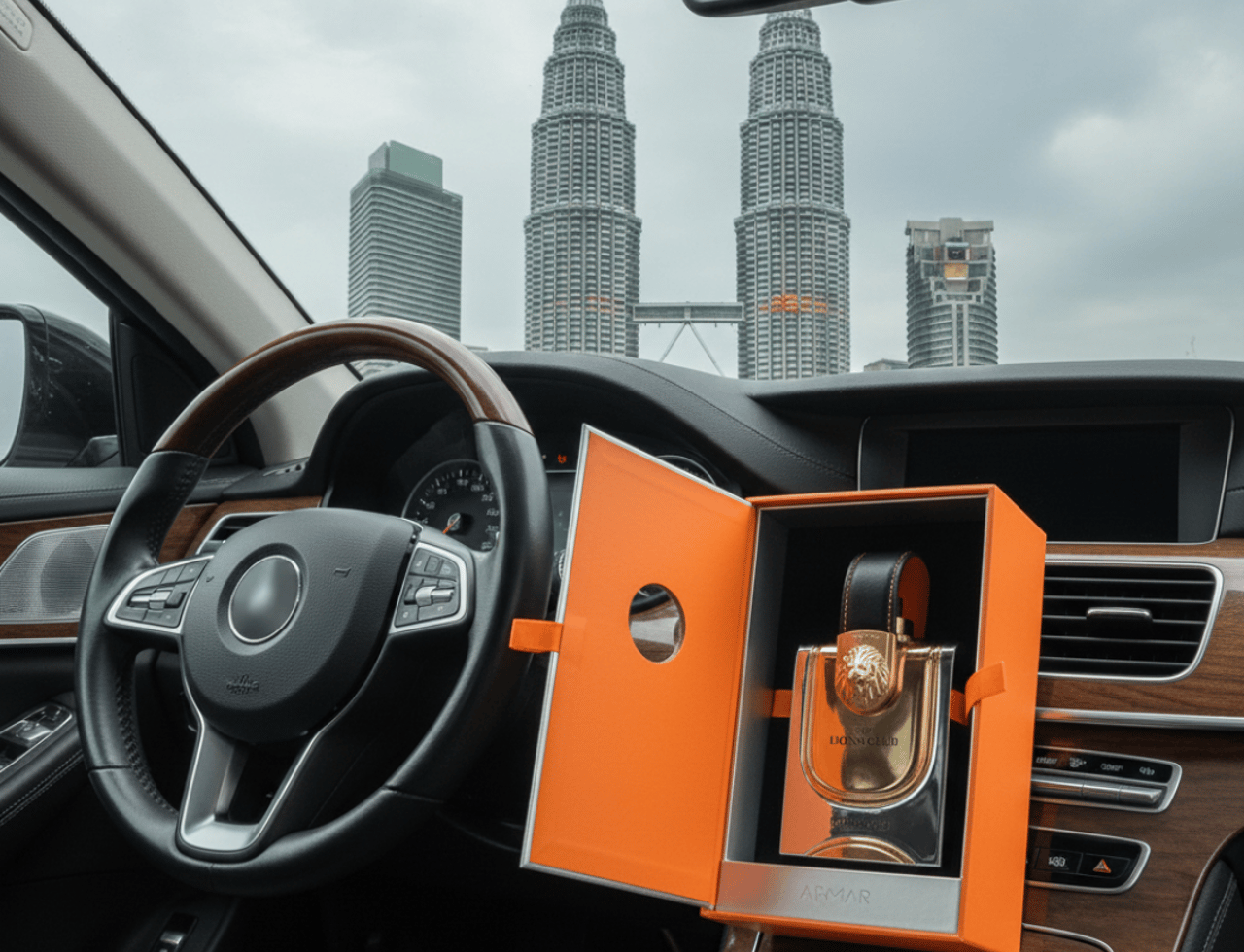 Armaf Monarque by Armaf Lions Club 100ml EDP — Botol wangian emas berkilat dalam kotak oren terbuka, dipamerkan di dalam kereta dengan latar belakang Menara Berkembar Petronas