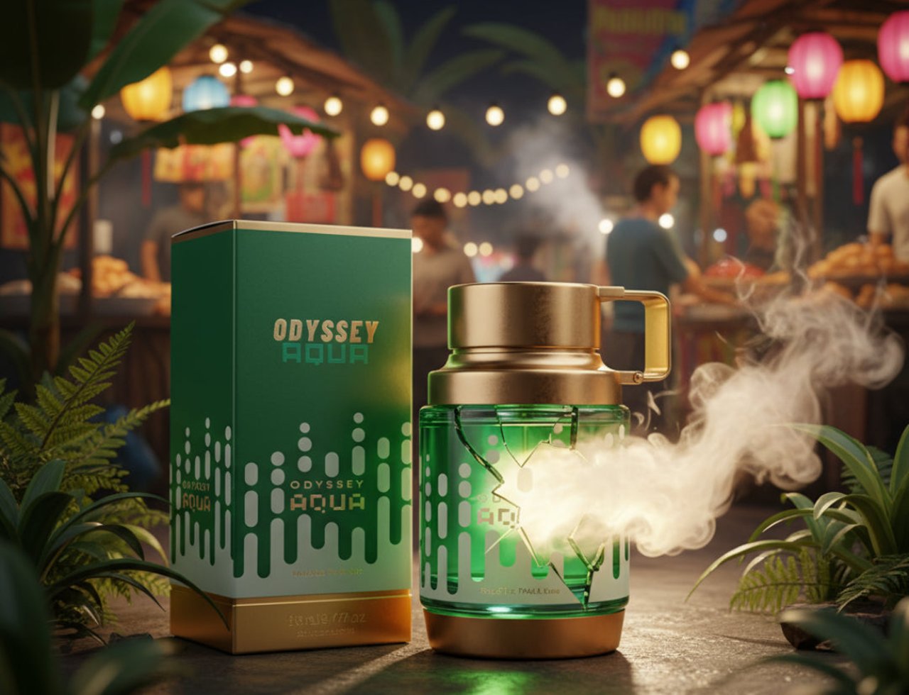 Armaf Odyssey Aqua Edition — Green box and bottle with gold accents, emitting smoke, at a night market stall.