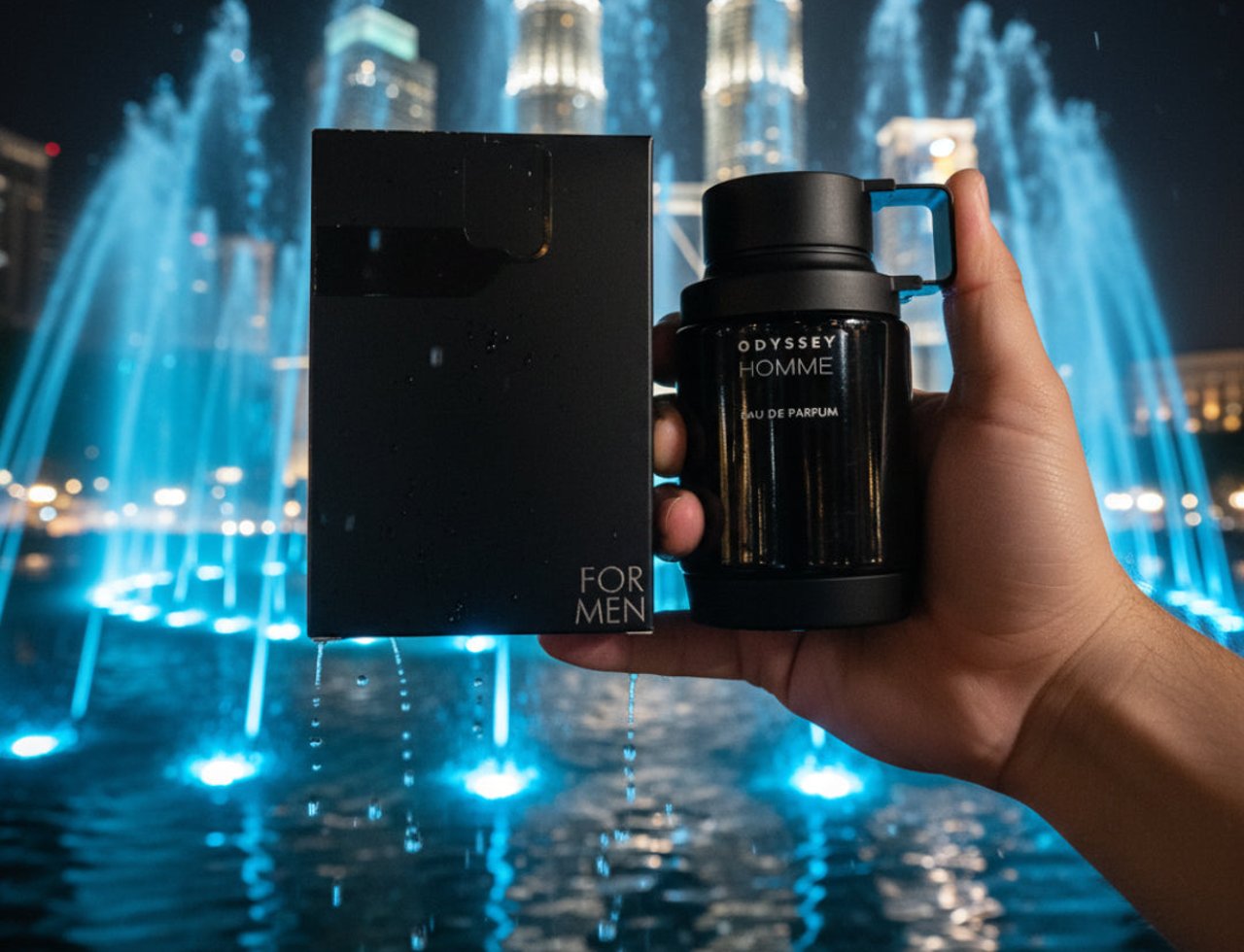 Armaf Odyssey Homme — Black perfume box and bottle held in hand in front of illuminated fountains at night