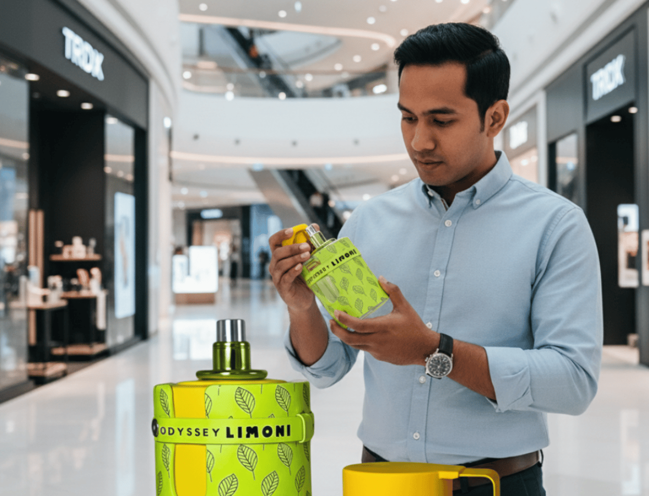 Armaf Armaf Odyssey Limoni Fresh 100ml EDP Men — Lelaki memegang botol wangian hijau neon bercorak daun, dengan botol besar serupa dan penutup kuning di latar depan, di dalam pusat membeli-belah