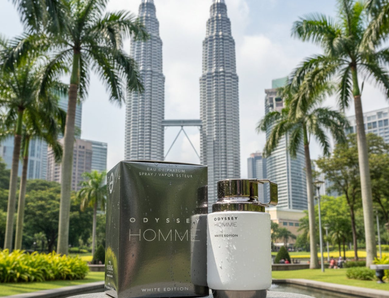 Armaf Odyssey Homme White by Armaf 100ml EDP Men — Kotak wangian dan botol Odyssey Homme White Edition diletakkan di atas batu dengan latar belakang Menara Berkembar Petronas dan pokok palma.