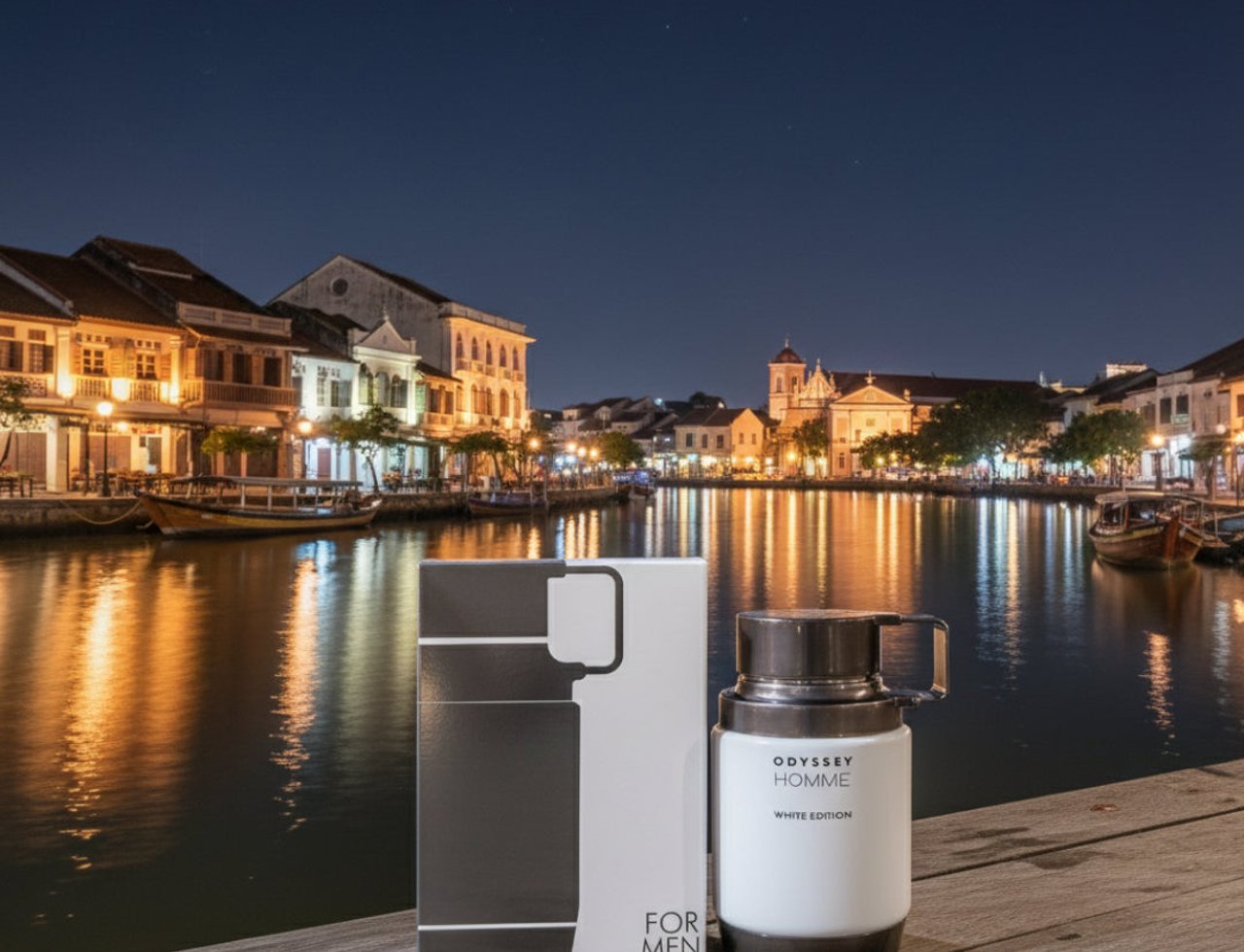Armaf Odyssey Homme White by Armaf — Perfume box and bottle on wooden pier at night with illuminated buildings and river