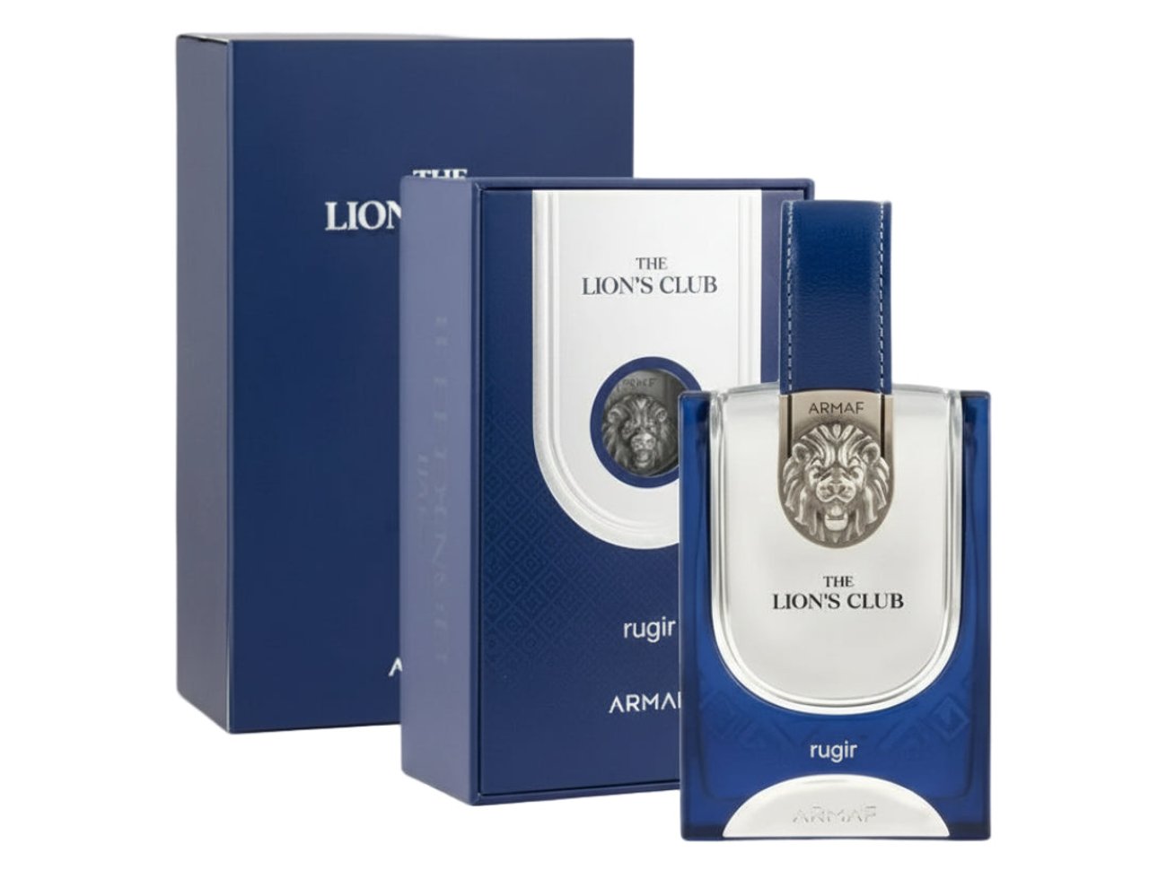 Armaf Rugir Lions Club — Blue box and bottle with silver lion emblem, white label, and blue strap