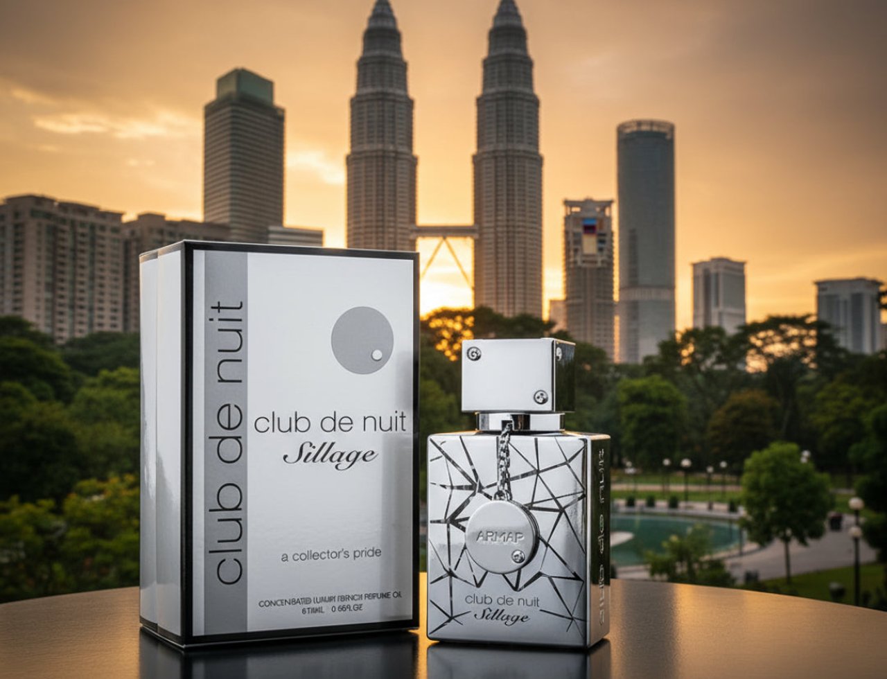 Armaf Club De Nuit Sillage by Armaf 105ml EDP Men — Kotak dan botol minyak wangi perak berkilat diletakkan di atas meja gelap, dengan latar belakang bangunan pencakar langit berkembar yang ikonik semasa matahari terbenam.
