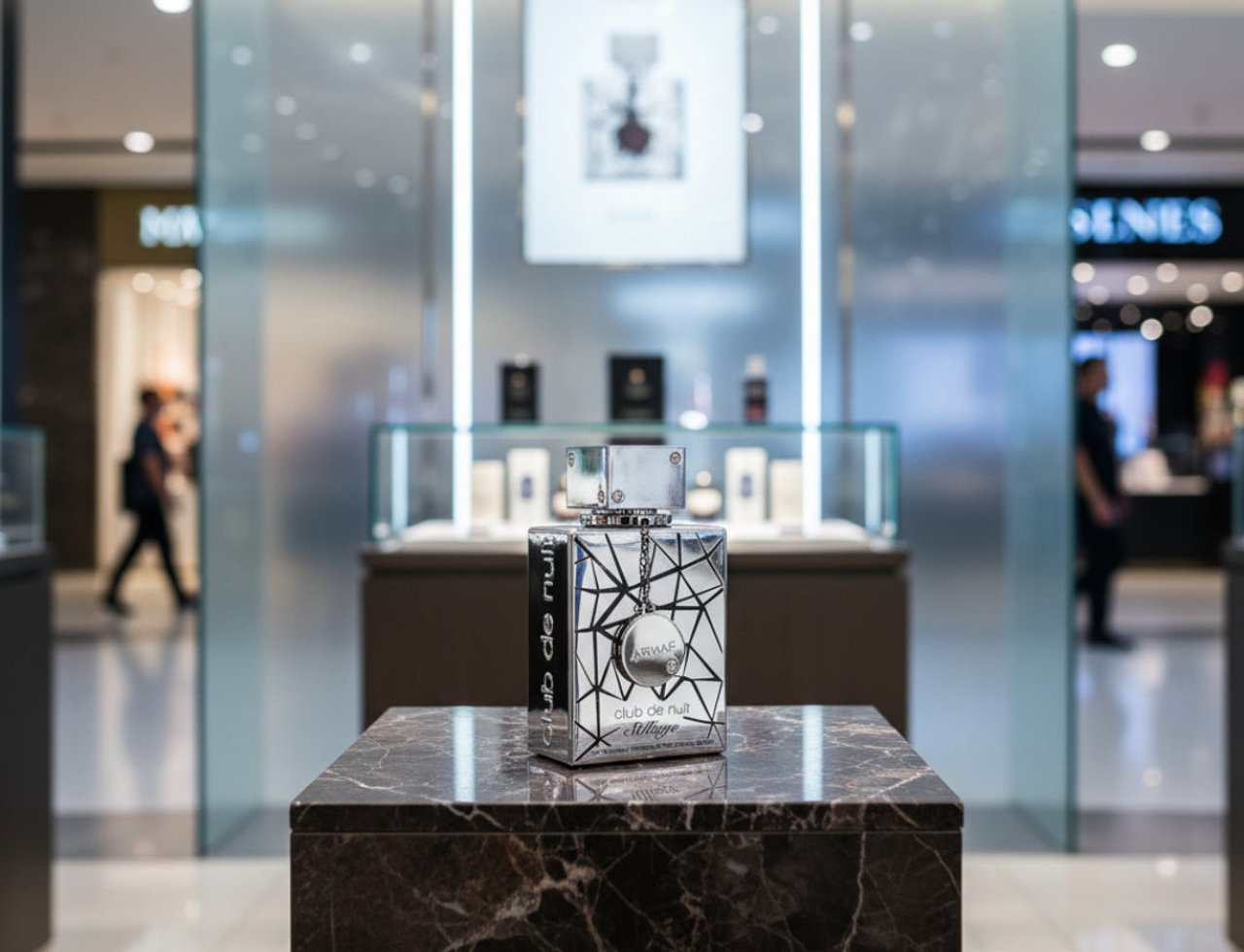 Armaf Club De Nuit Sillage — Silver geometric bottle with chain on marble pedestal in store