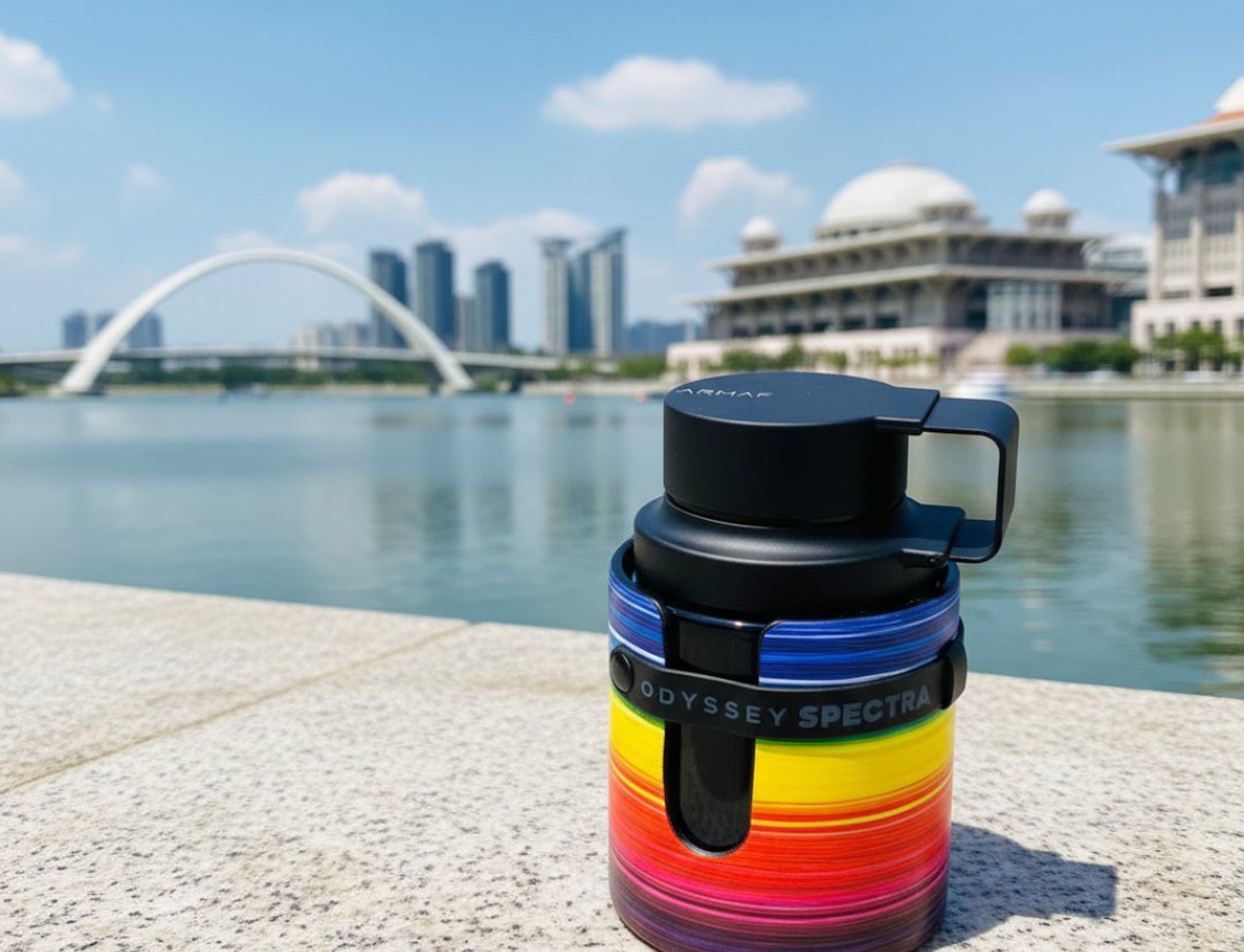 Armaf Odyssey Spectra — Rainbow striped bottle with black cap sits on stone ledge, water and cityscape background