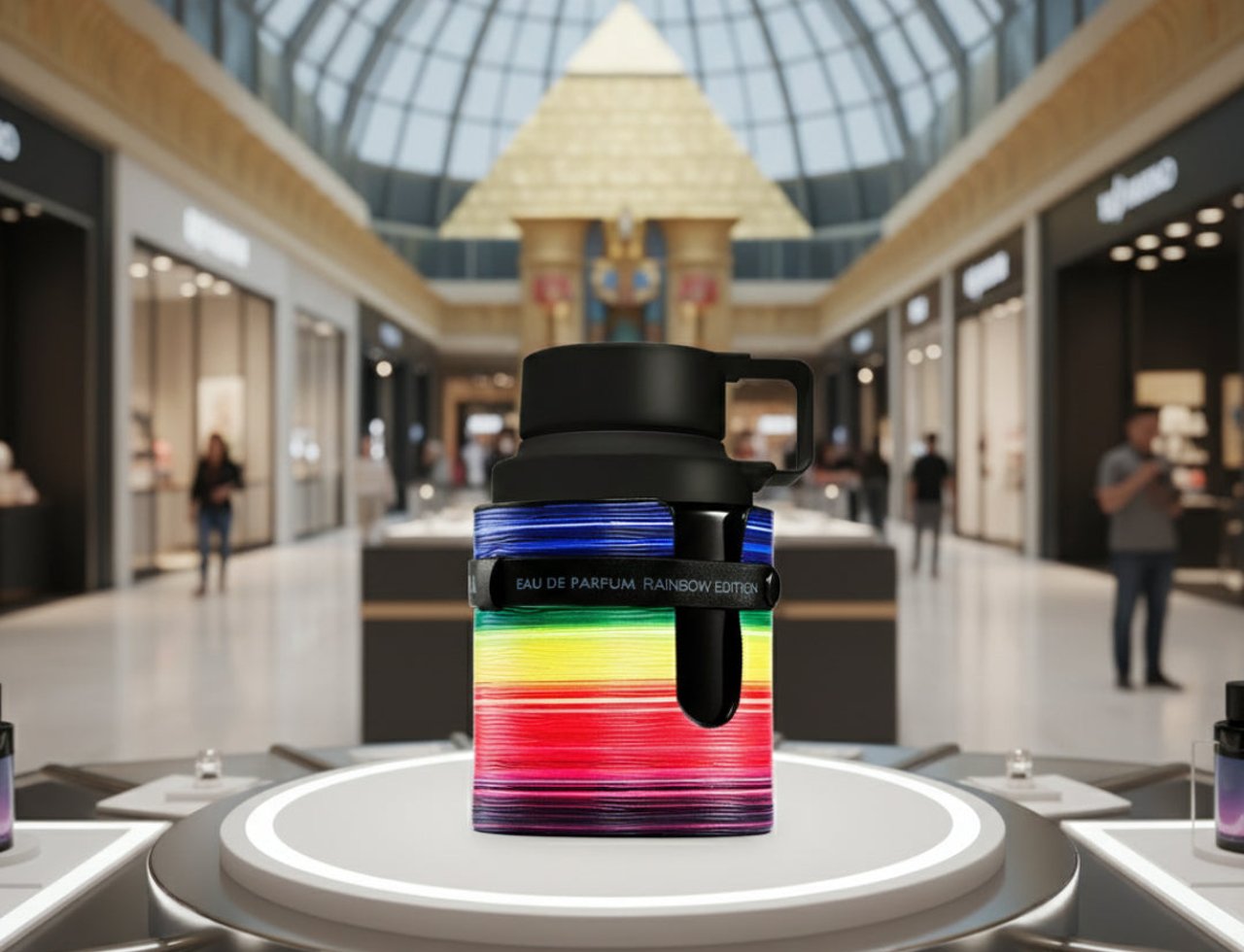 Armaf Odyssey Spectra by Armaf 100ml EDP Men — Botol wangian berjalur warna pelangi yang dipamerkan di atas platform bercahaya di dalam pusat membeli-belah dengan piramid emas di latar belakang