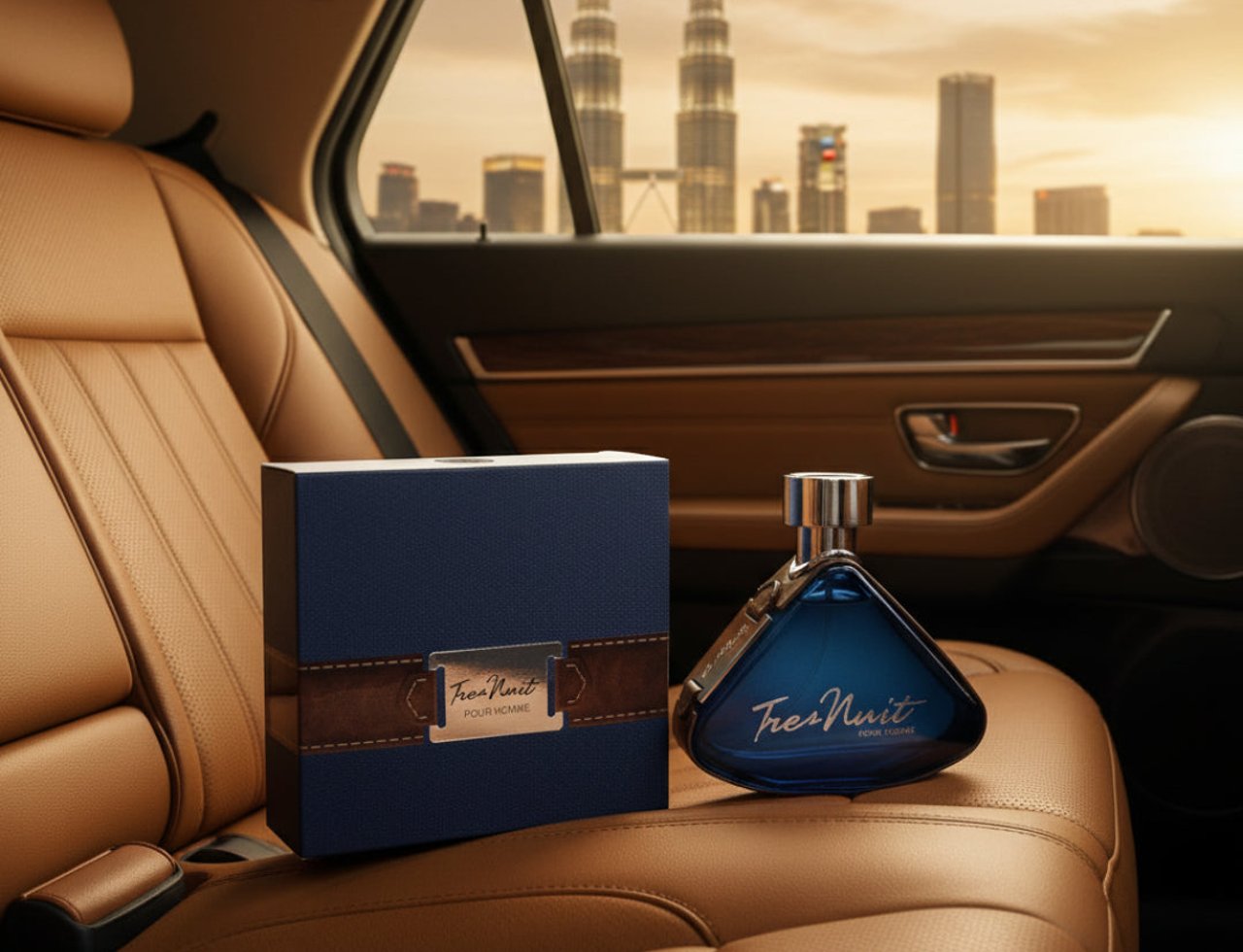 Armaf Tres Nuit — Kotak hadiah biru gelap dan botol minyak wangi segi tiga biru diletakkan di atas tempat duduk kereta kulit coklat, dengan pemandangan bandar KL di latar belakang semasa matahari terbenam.