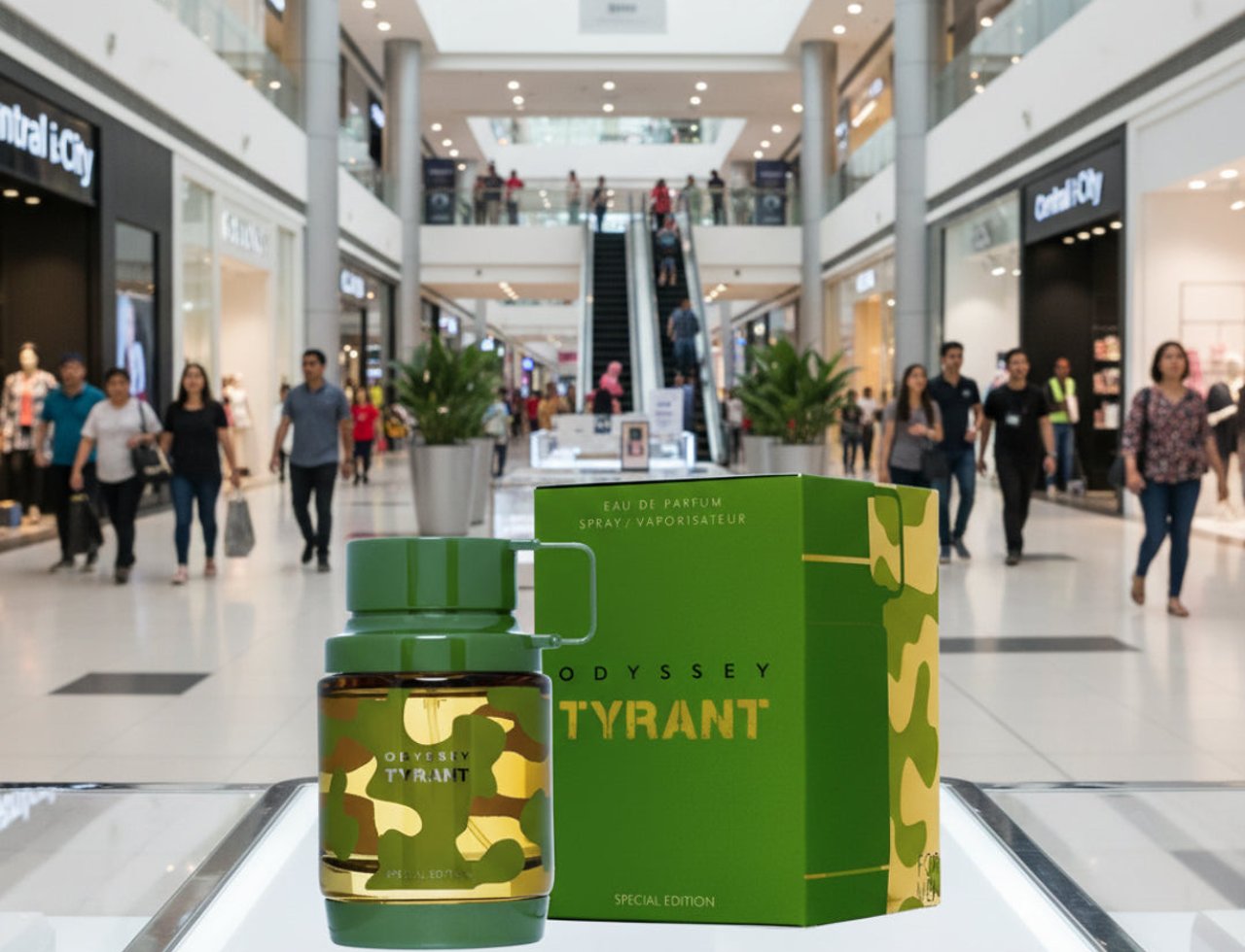 Armaf Odyssey Tyrant Special Edition — Green camouflage bottle and box displayed in a brightly lit shopping mall.