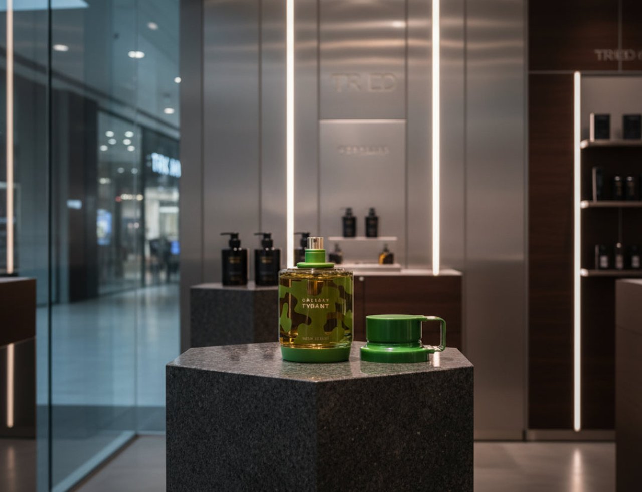 Armaf Odyssey Tyrant Special Edition by Armaf 100ml Men — Botol wangian hijau terang dengan corak samar, diletakkan di atas alas heksagon kelabu gelap, bersama penutup hijau di sebelahnya.