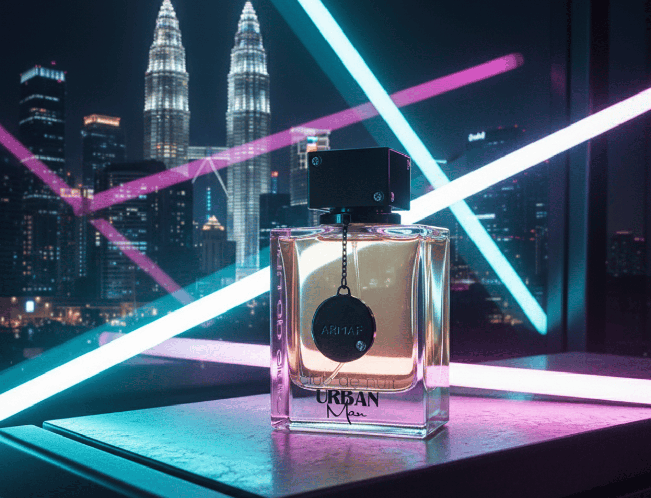 Armaf Club De Nuit Urban Man 105ml EDP — Botol wangian kaca jernih dengan penutup hitam, tergantung pada rantai, diletakkan di atas permukaan gelap dengan latar belakang bandar malam yang diterangi lampu neon biru dan ungu.