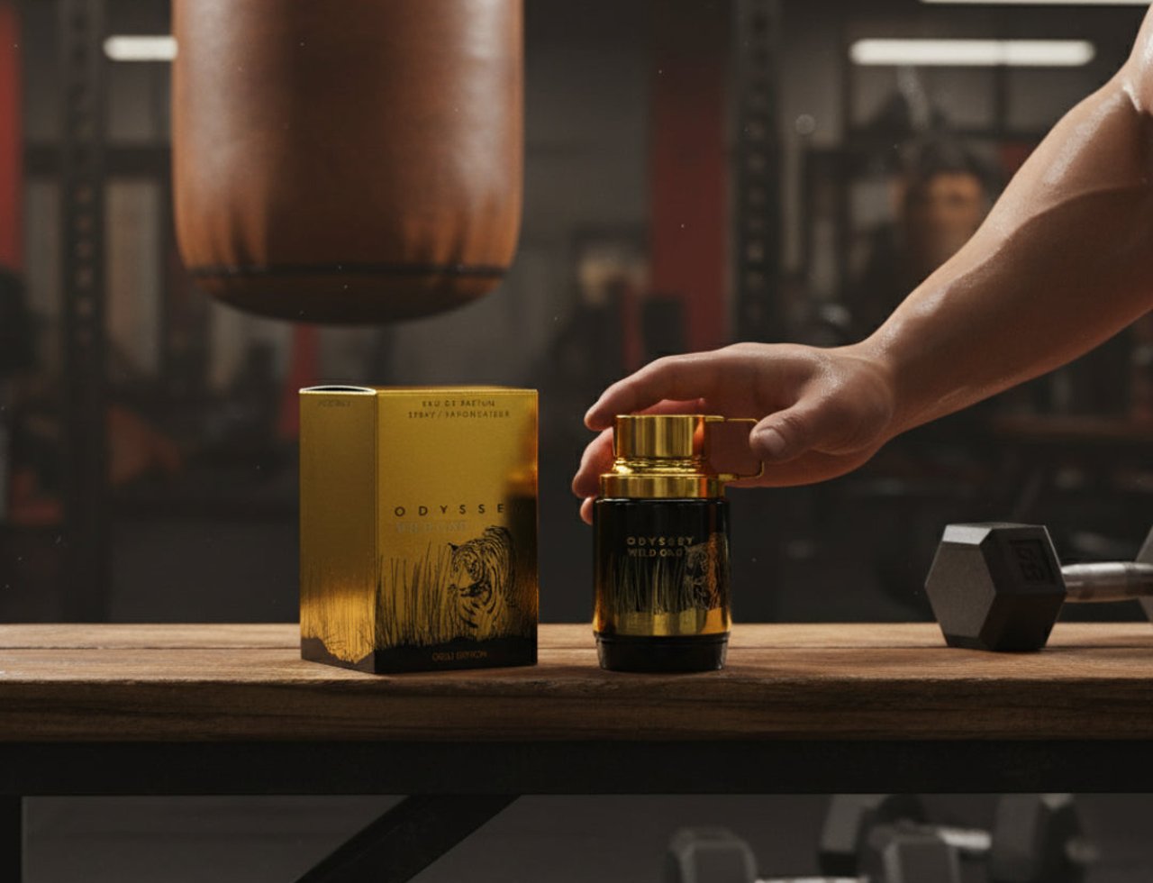 Armaf Odyssey Wild One Gold Edition — Hand holding gold-capped perfume bottle next to its box on a wooden bench in a gym.