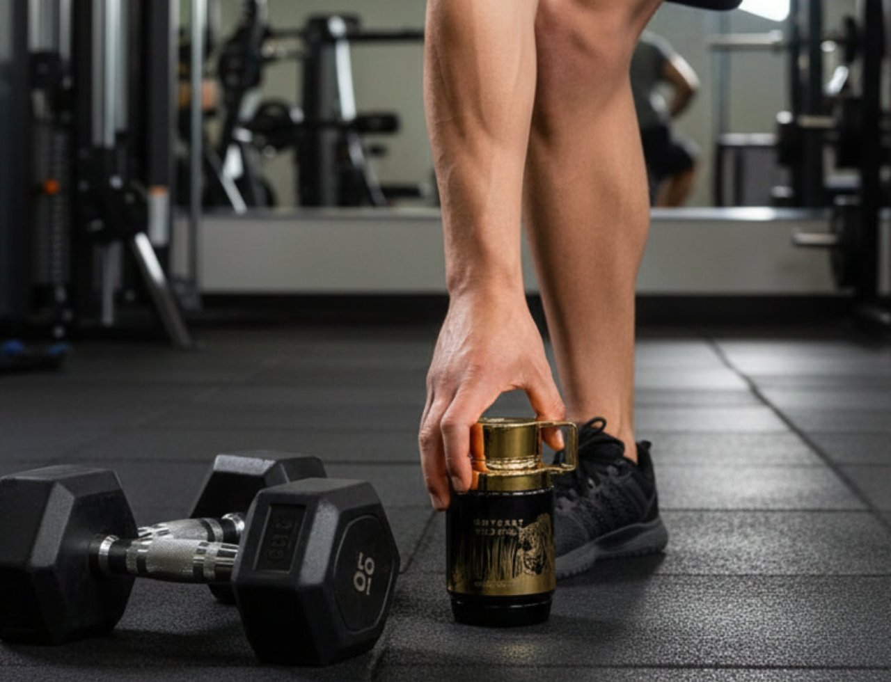 Armaf Odyssey Wild One Gold Edition by Armaf 100ml Men — Tangan lelaki memegang botol wangian emas di gimnasium berdekatan dumbbell