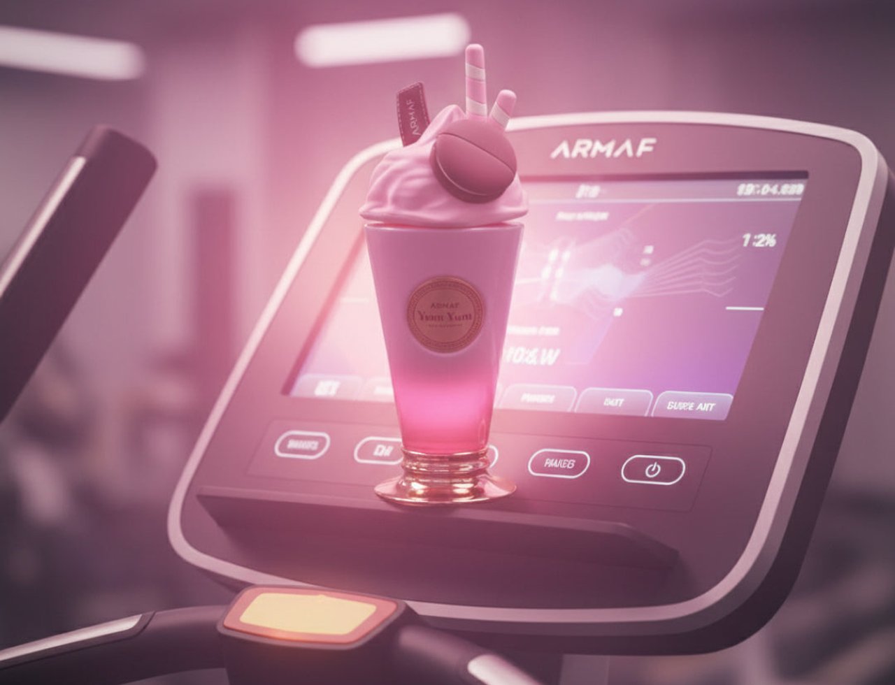 Armaf Yum Yum by Armaf 100ml EDP Women — Botol minuman ringan merah jambu dengan straw dan pil di atas treadmill
