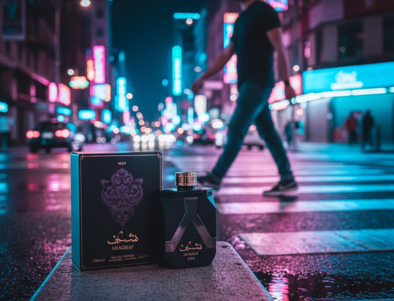 Asdaaf Shaghaf Man by Asdaaf (Lattafa) — Black perfume bottle and box with gold accents, displayed on a wet city street at night with neon lights and a blurred pedestrian in the background.