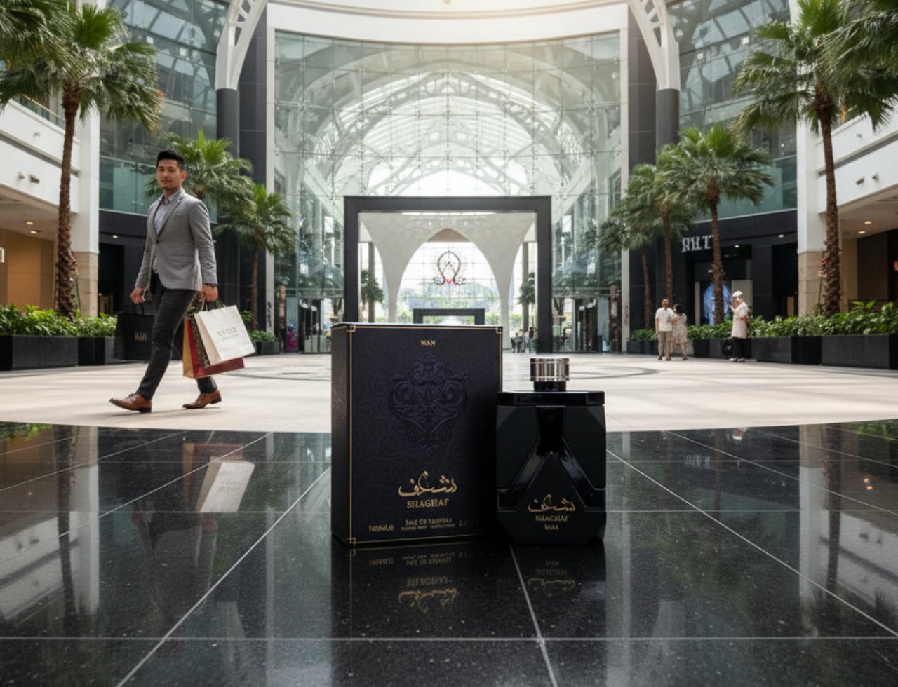 Asdaaf Shaghaf Man by Asdaaf (Lattafa) – 100 ml untuk Lelaki. Seorang lelaki berjalan lalu di hadapan kotak dan botol minyak wangi di atrium pusat membeli-belah moden dengan pokok palma.