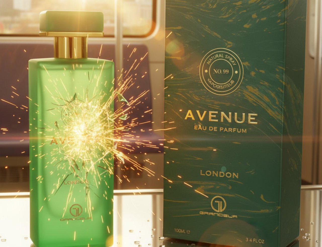 Grandeur Avenue London 100ml EDP — Botol minyak wangi kaca hijau bertutup emas dengan bunga api berkilauan, bersebelahan kotak corak hijau dan emasnya, diletakkan di atas permukaan reflektif dengan titisan air.