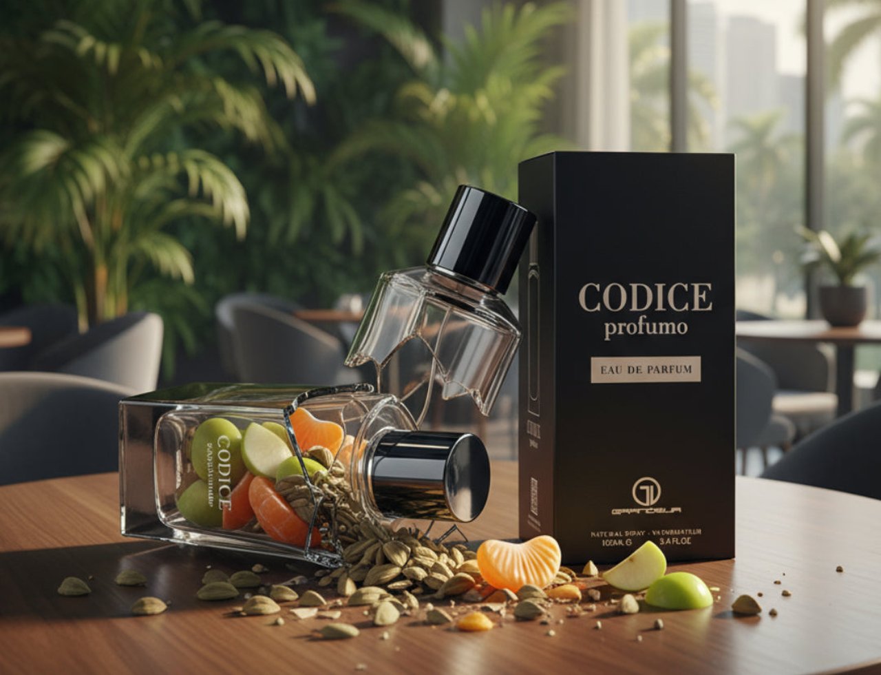 Grandeur Codice Profumo Man by Grandeur Elite – 100 ml untuk Lelaki, botol minyak wangi kaca jernih menumpahkan buah pelaga, hirisan mandarin, dan potongan epal di atas meja kayu, bersebelahan kotak produk hitam.