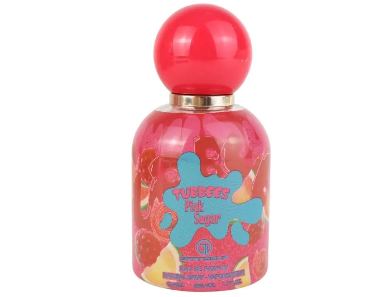 Grandeur Pink Sugar by Tubbees – Botol minyak wangi kaca merah jambu dengan penutup bulat merah, dihiasi imej buah-buahan dan grafik percikan biru.