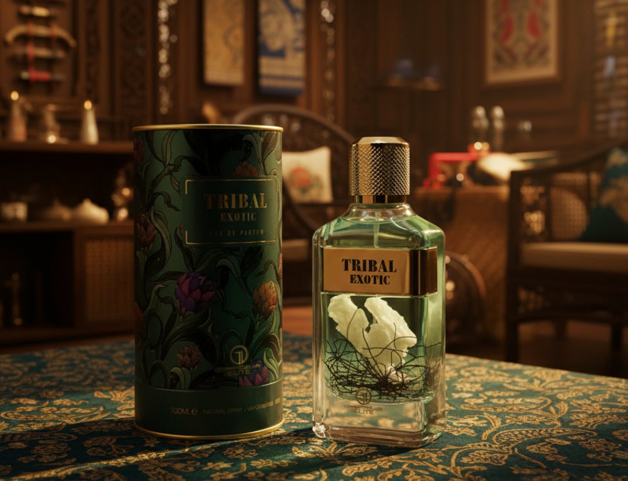 Grandeur Tribal Exotic by Grandeur 100ml EDP Men — Botol minyak wangi kaca jernih bertutup emas dengan bunga putih di dalam, bersebelahan kotak silinder bercorak bunga hijau yang sepadan, dipamerkan di atas alas meja bermotif hijau gelap.