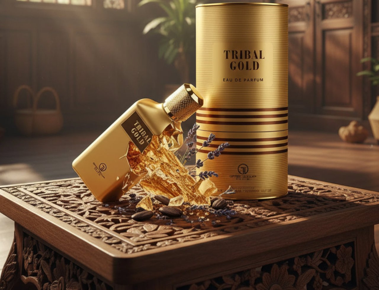 Grandeur Tribal Gold Man by Grandeur 100ml EDP Men — Botol minyak wangi emas dan bungkusan silinder di atas meja kayu berukir dengan taburan badam dan lavender.