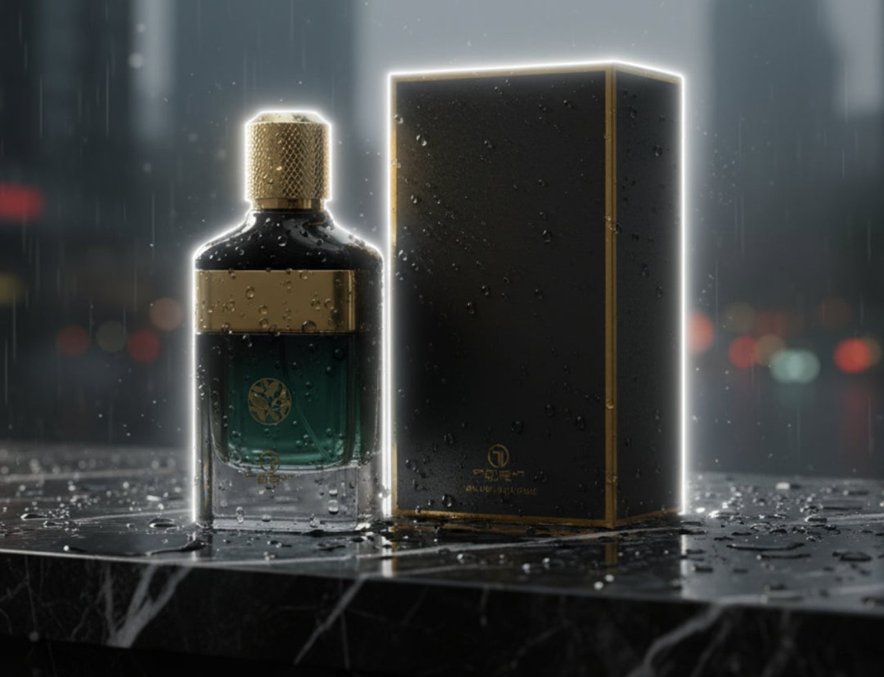 Grandeur Tribal Intense by Grandeur 100ml EDP Men — Botol minyak wangi kaca hijau gelap bertutup dan berjalur emas, bersebelahan kotak hitamnya, di atas permukaan marmar basah dengan hujan turun di latar belakang.