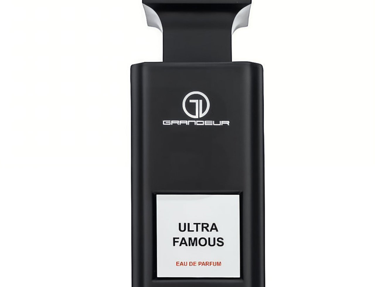 Grandeur Ultra Famous oleh Grandeur Elite — Botol minyak wangi hitam segi empat dengan label putih tertera 'ULTRA FAMOUS' dan 'EAU DE PARFUM'.
