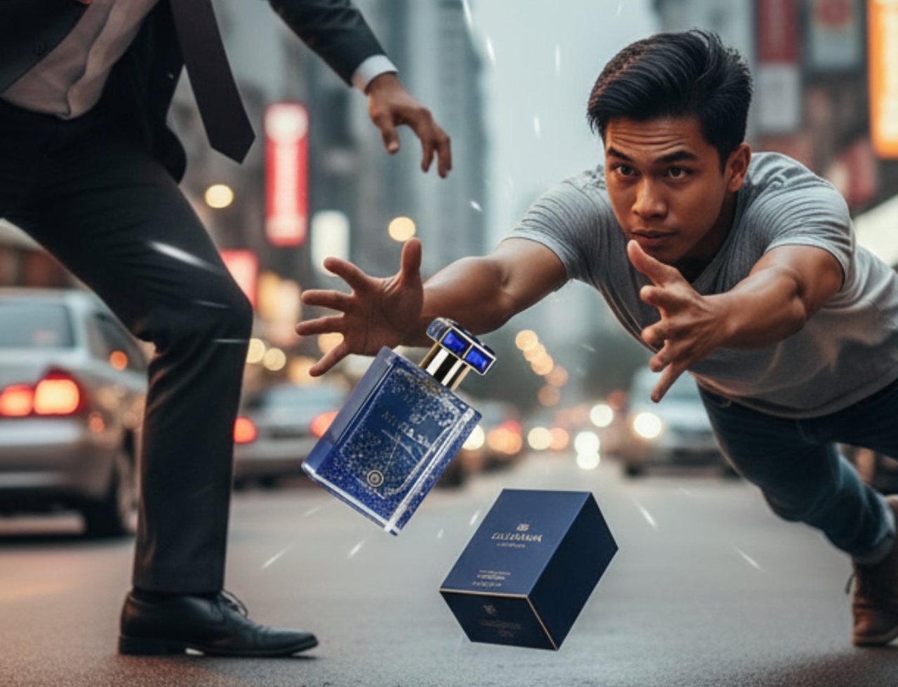 Grandeur Calabria Cerulean by Grandeur Elite 50ml for Him — A man in a grey t-shirt dives to catch a falling blue perfume bottle and its box on a wet city street, with a man in a suit in the background.