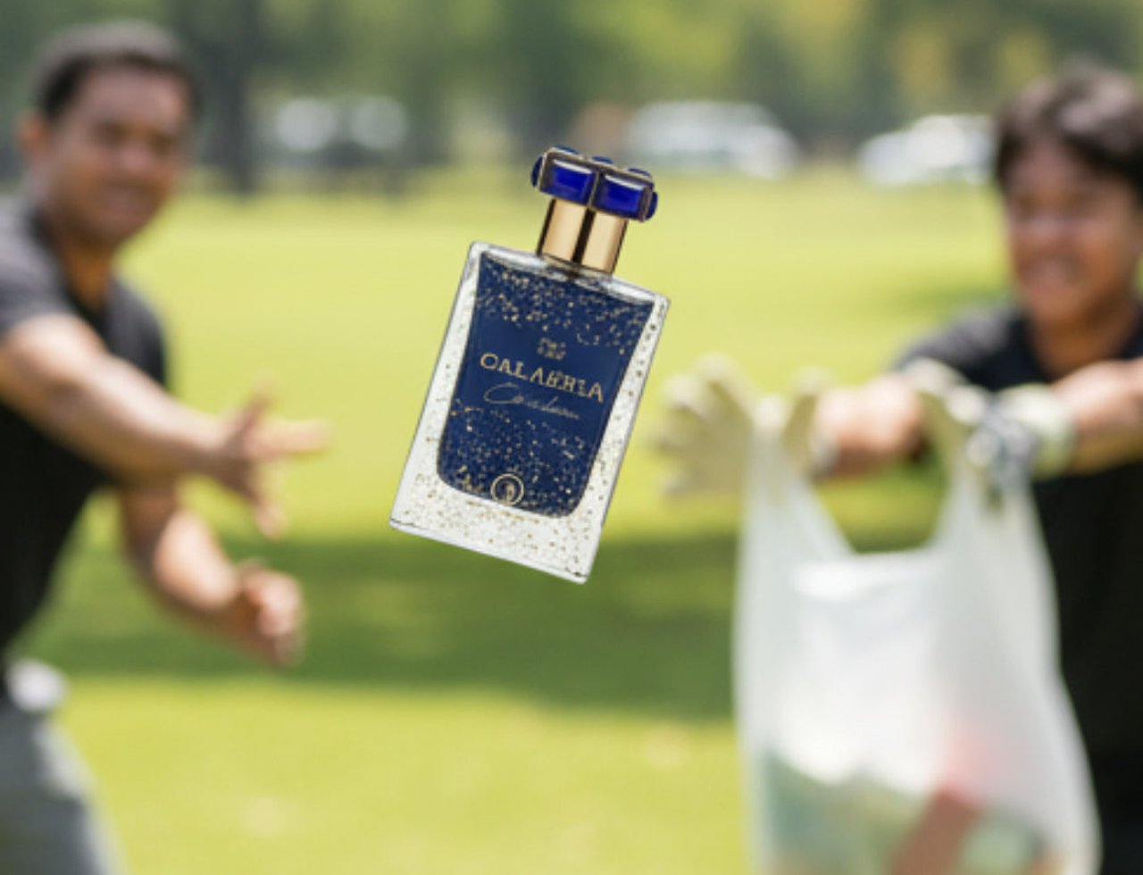 Grandeur Calabria Cerulean by Grandeur Elite 50ml for Him — Botol minyak wangi kaca jernih dengan bahagian dalam biru gelap bertabur kilauan dan aksen emas tergantung di udara di antara dua figura kabur di taman.