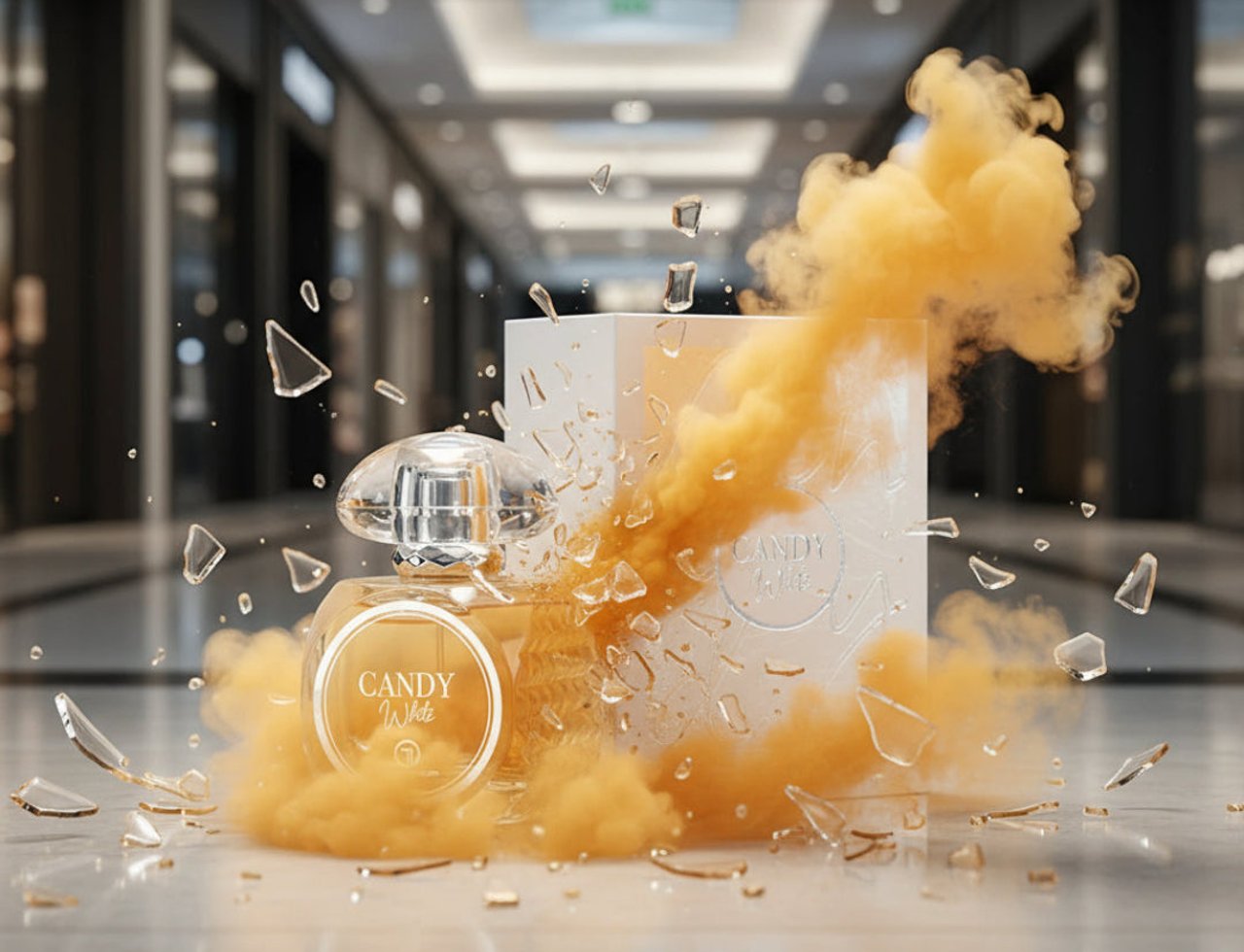 Grandeur Candy White – Botol dan kotak wangian meletup dengan asap oren dan serpihan kaca di koridor pusat membeli-belah