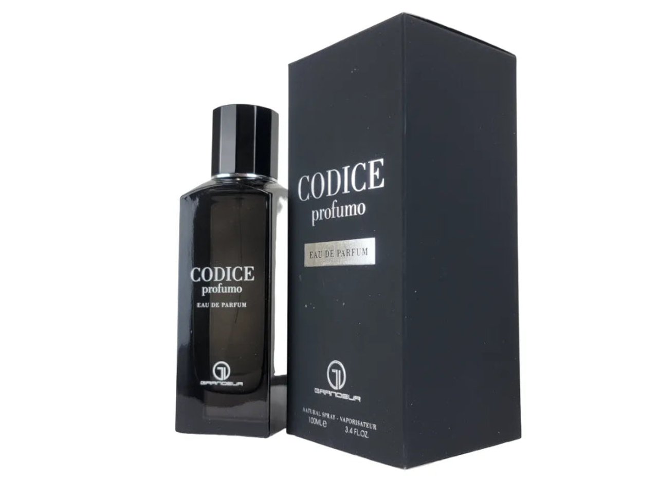 Grandeur Codice Profumo Man by Grandeur Elite – Black perfume bottle and matching black box with silver text, 100 ml for Men