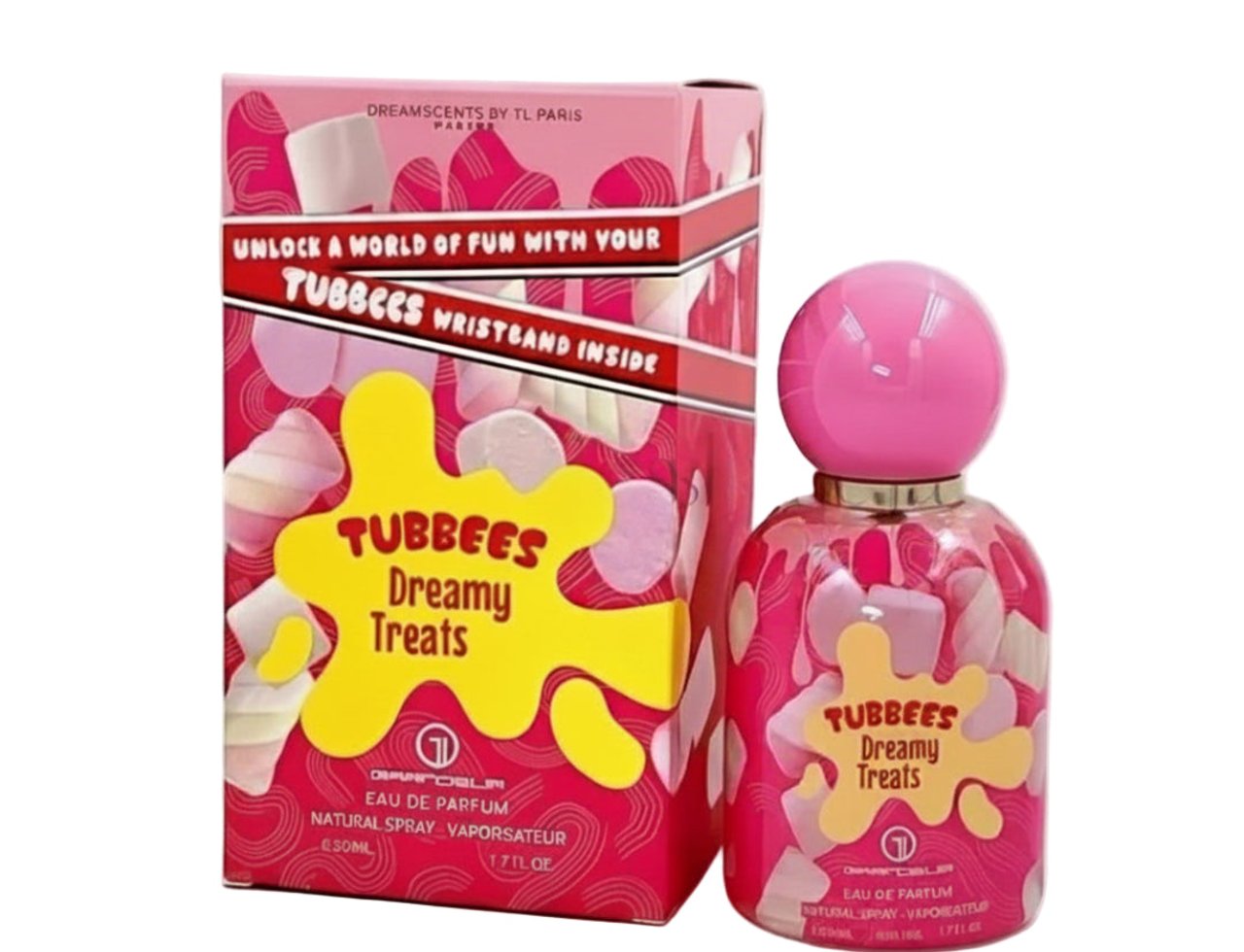 Grandeur Dreamy Treats Grandeur Tubbees For Her 50ml — Kotak merah jambu dengan grafik marshmallow dan botol minyak wangi kaca merah jambu dengan rekaan seperti marshmallow di dalamnya, berlatar belakang putih.