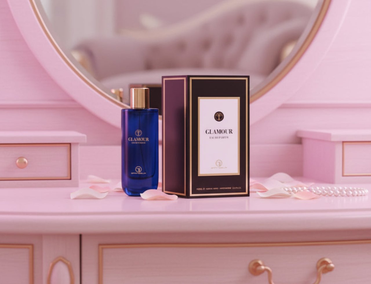 Grandeur Glamour Woman by Grandeur Elite 100ml — Botol minyak wangi kaca biru dan kotak gelapnya berbingkai emas, terletak di atas meja solek merah jambu dengan kelopak mawar dan rantai mutiara.