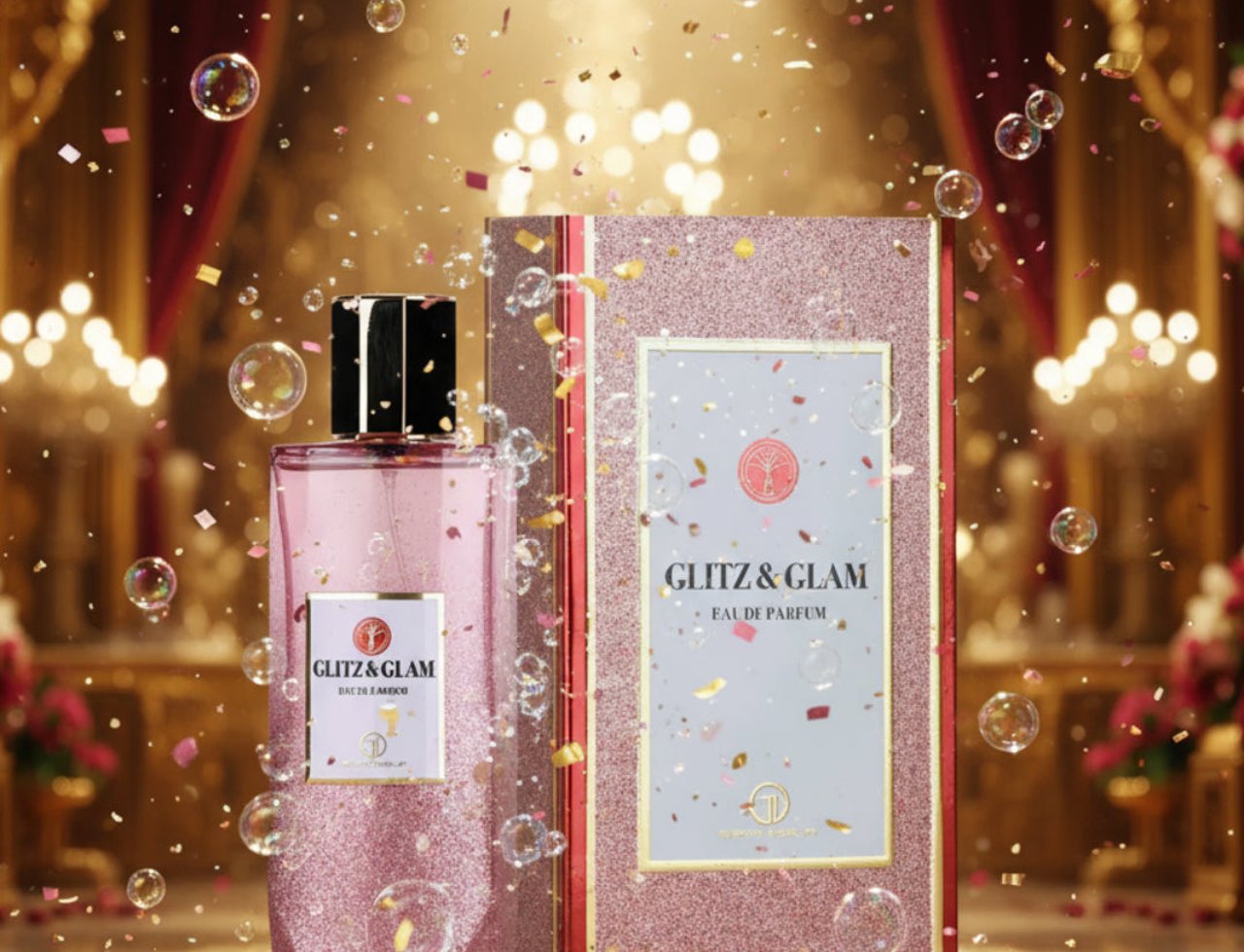 Grandeur Glitz Glam by Grandeur Elite 100 ml for Women — Pink glitter perfume bottle and box with confetti and bubbles falling, luxurious gold and red curtain background.